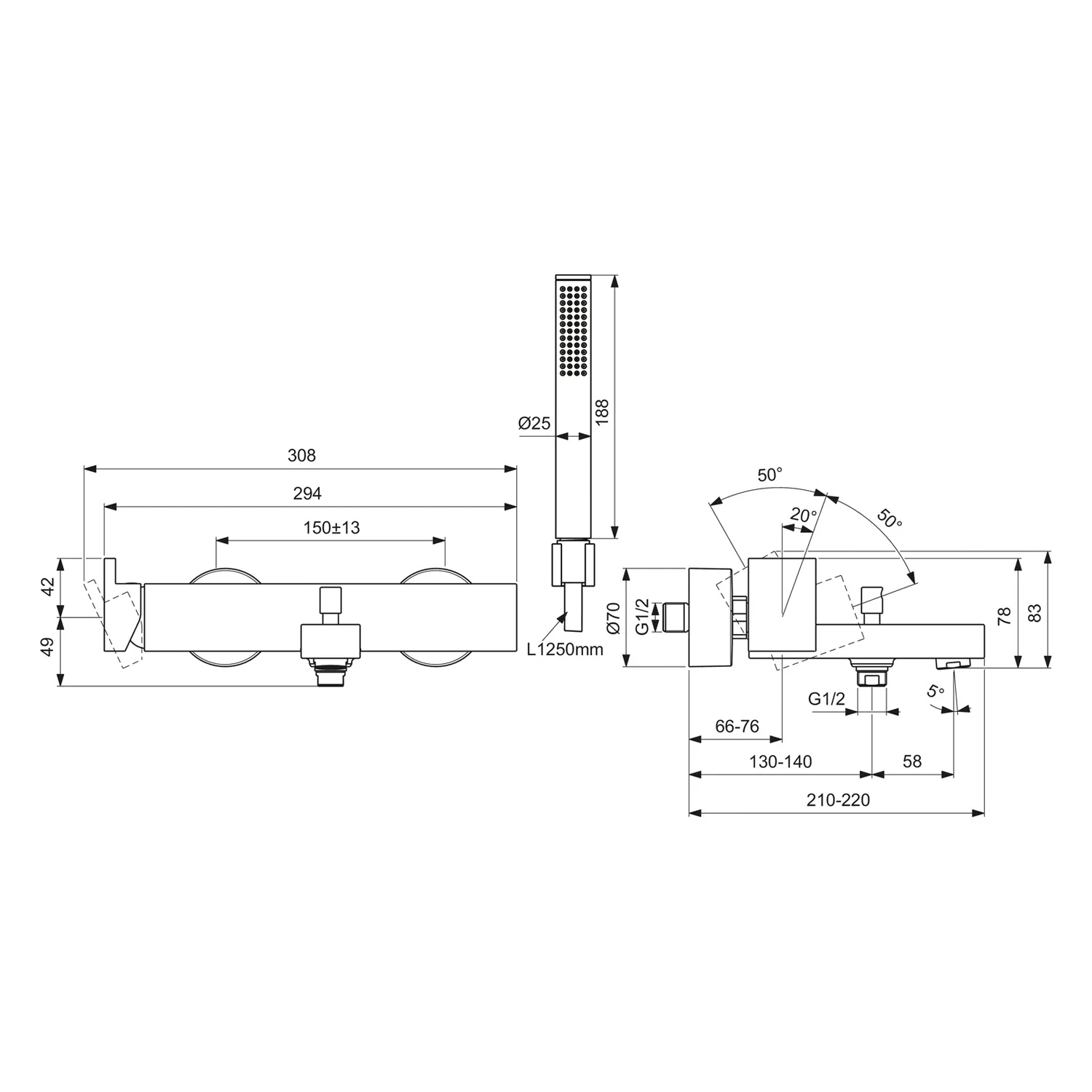 Rysunek techniczny baterii łazienkowej z wymiarami, Ideal Standard