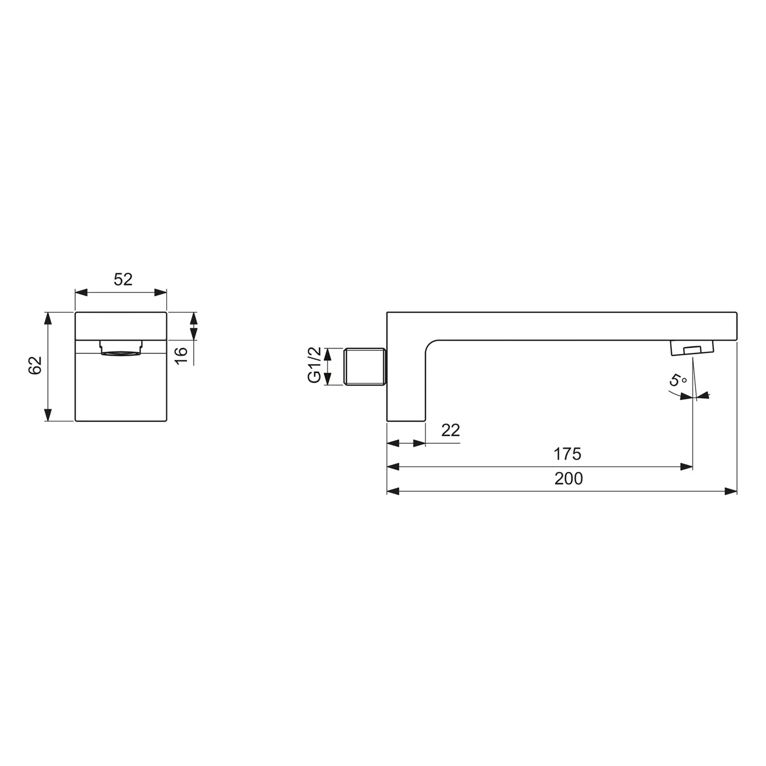 Rysunek techniczny wylewki ściennej do baterii łazienkowej, Ideal Standard