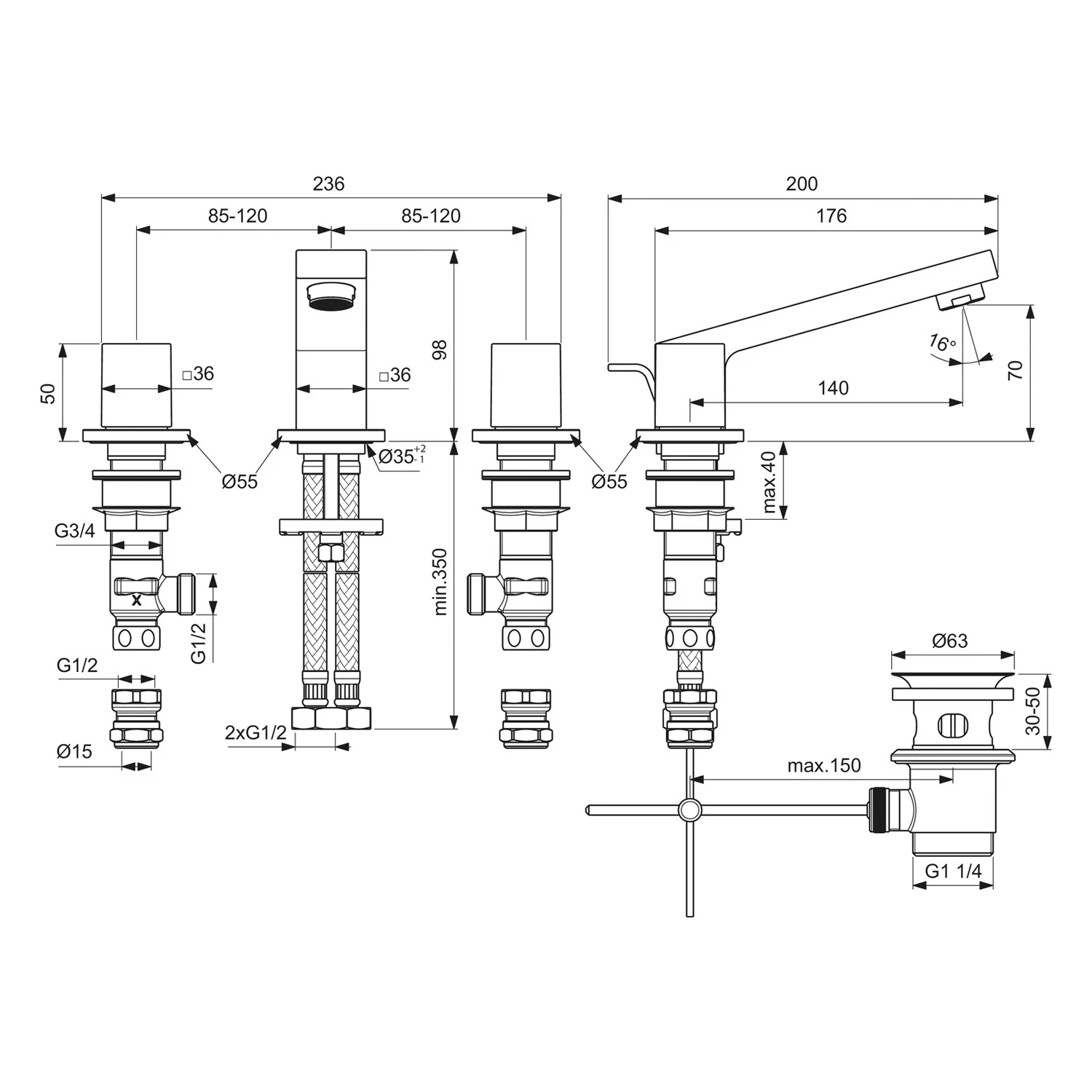 Rysunek techniczny baterii umywalkowej z wymiarami, Ideal Standard
