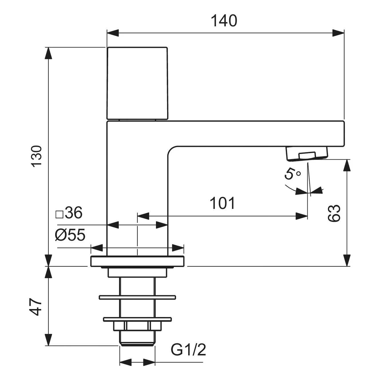 Rysunek techniczny zaworu umywalkowego z wymiarami, Ideal Standard