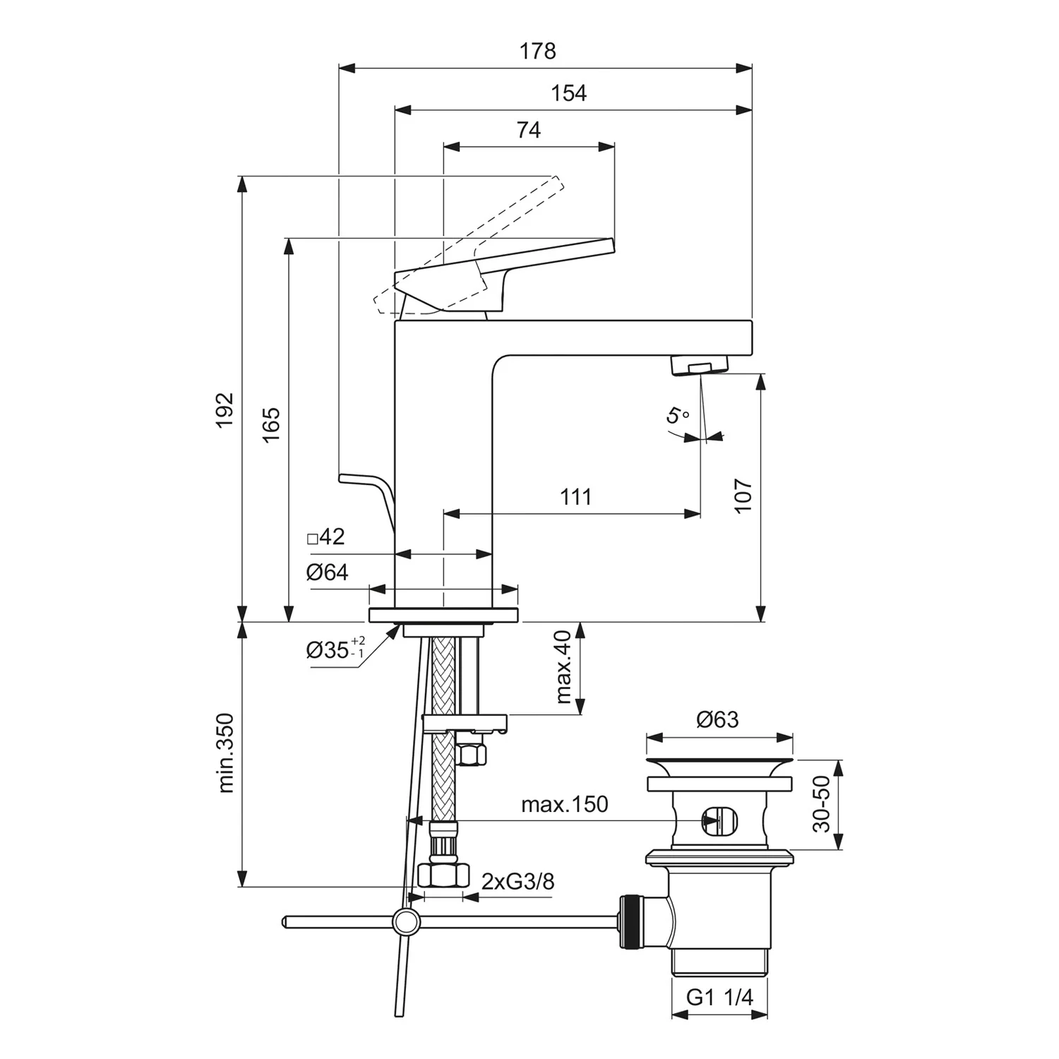 Rysunek techniczny baterii umywalkowej z wymiarami, Ideal Standard
