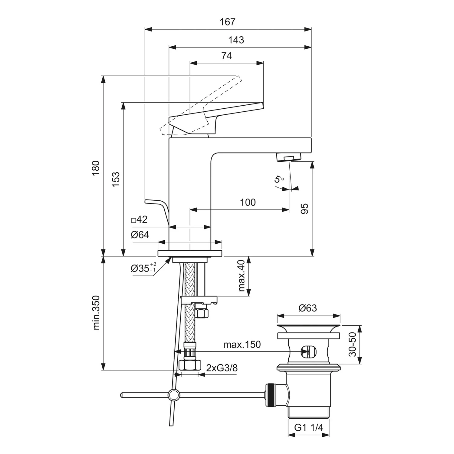Rysunek techniczny baterii umywalkowej z wymiarami, Ideal Standard