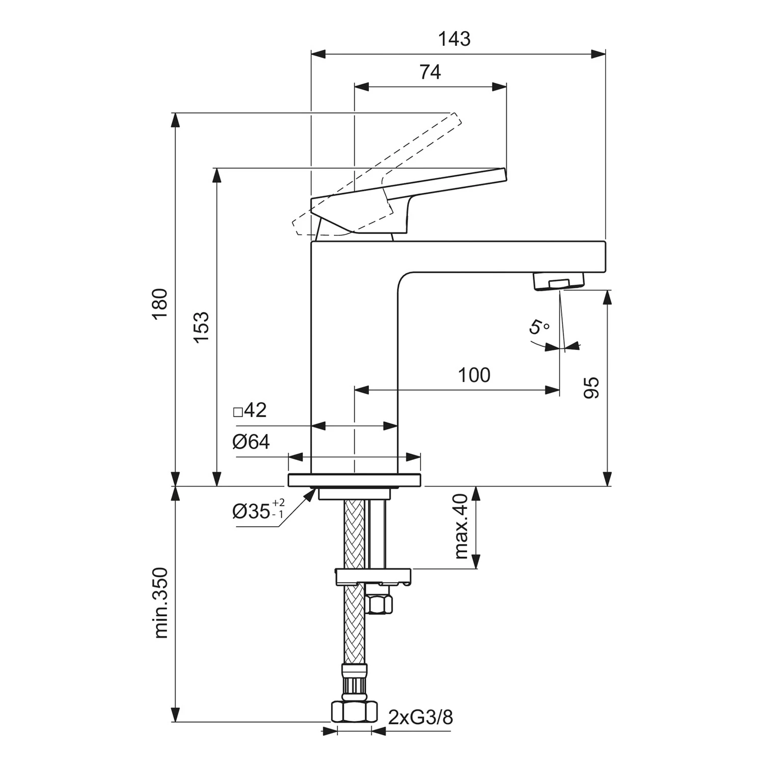 Rysunek techniczny baterii umywalkowej z wymiarami, Ideal Standard