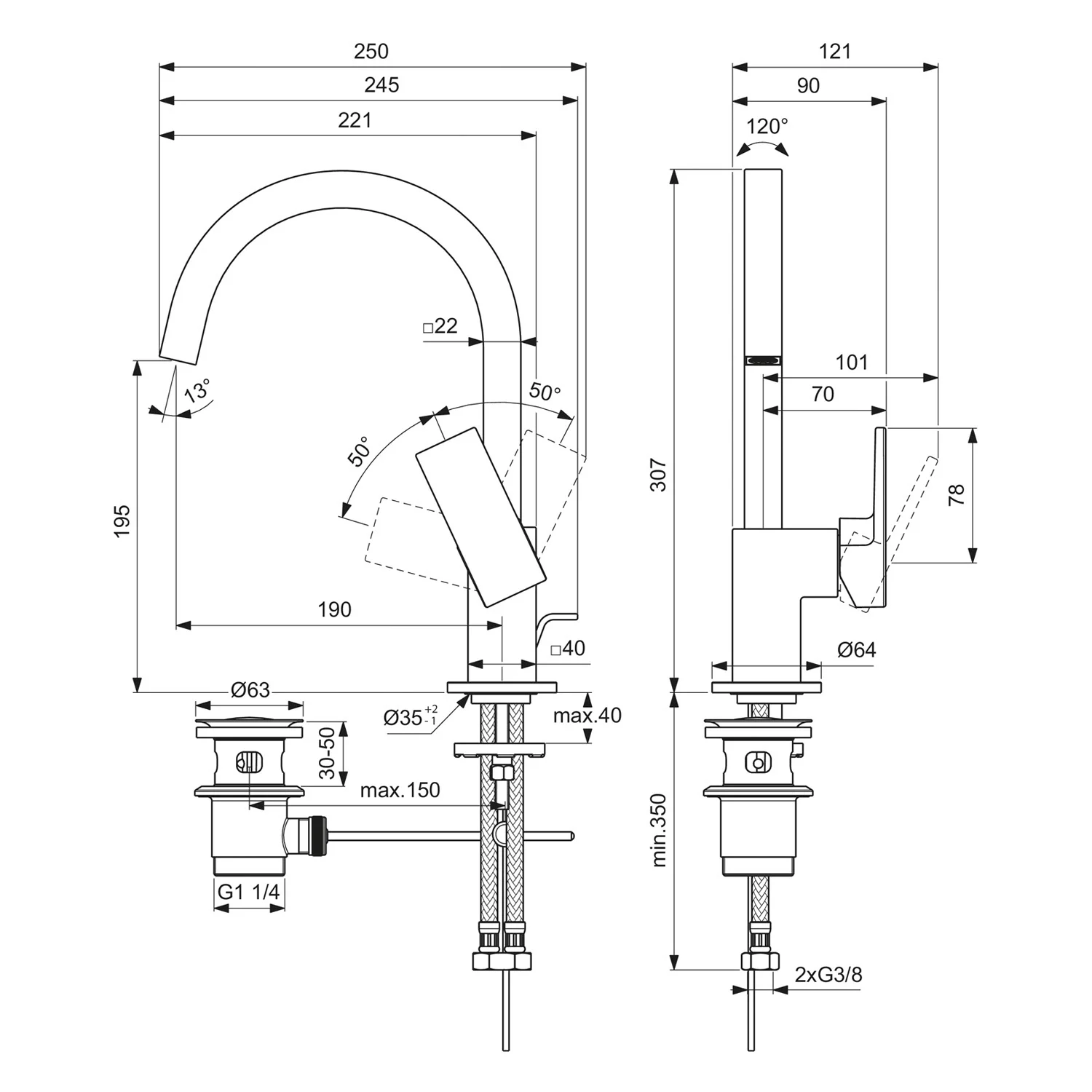 Rysunek techniczny baterii umywalkowej z wymiarami, Ideal Standard