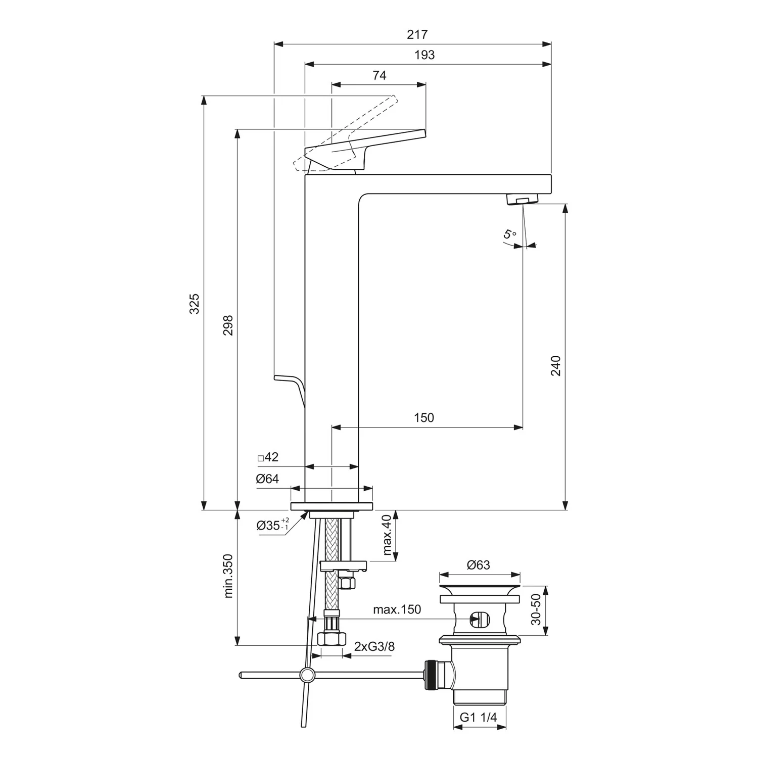 Rysunek techniczny baterii umywalkowej z wymiarami, Ideal Standard