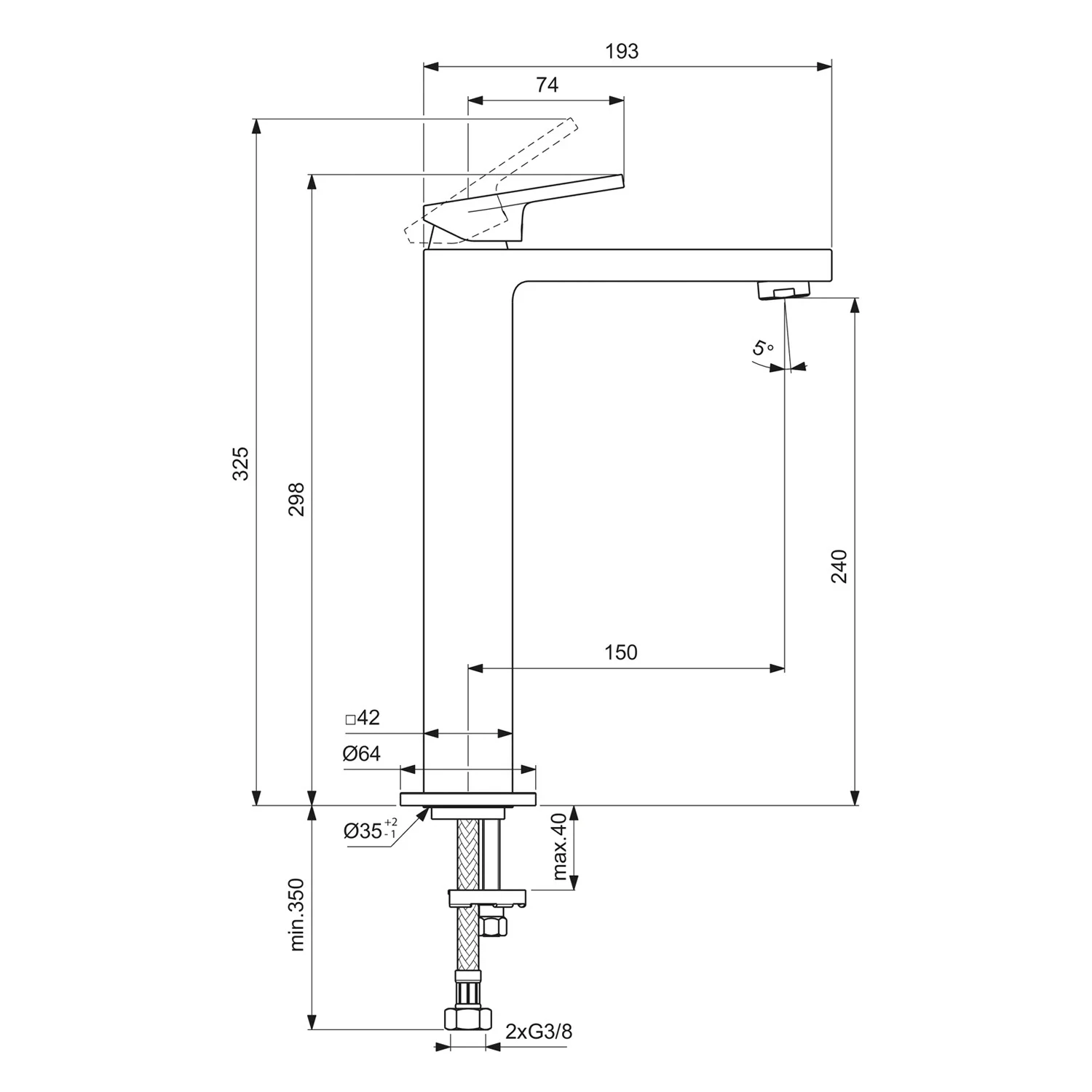 Rysunek techniczny baterii umywalkowej z wymiarami, Ideal Standard