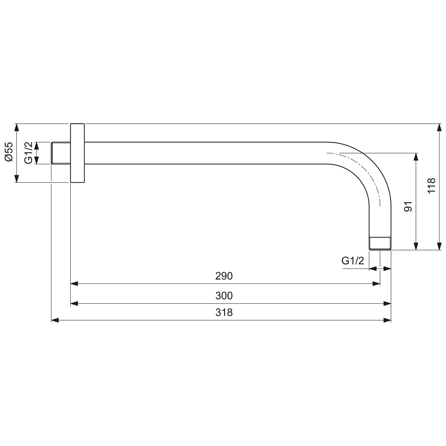 Rysunek techniczny ramienia prysznicowego z wymiarami, Ideal Standard