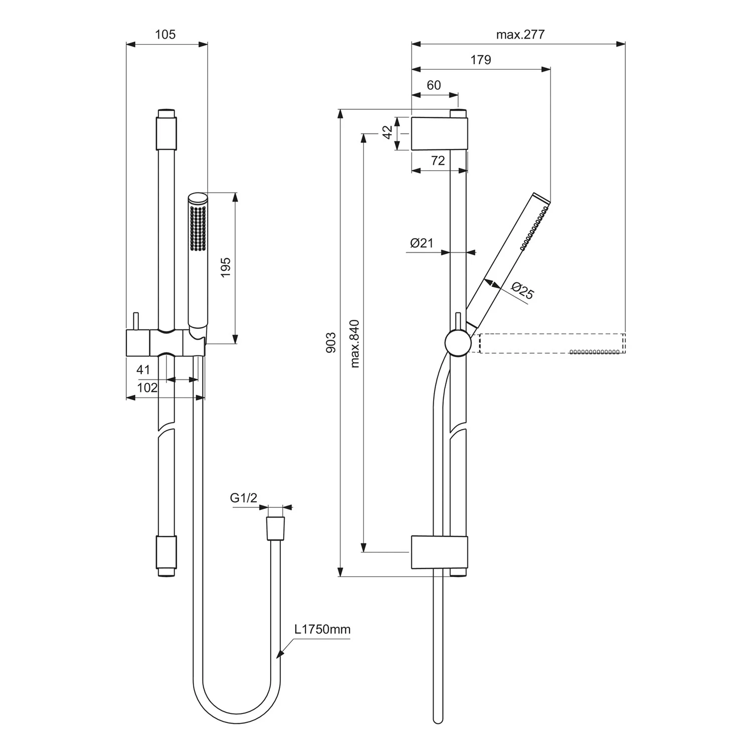Rysunek techniczny zestawu prysznicowego z wymiarami, Ideal Standard