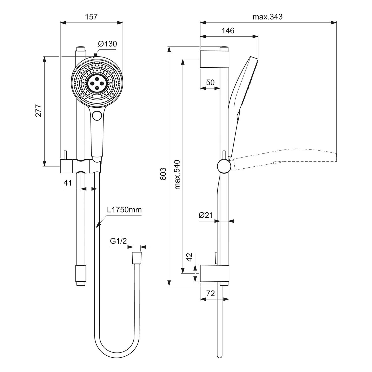 Rysunek techniczny zestawu prysznicowego z wymiarami, Ideal Standard