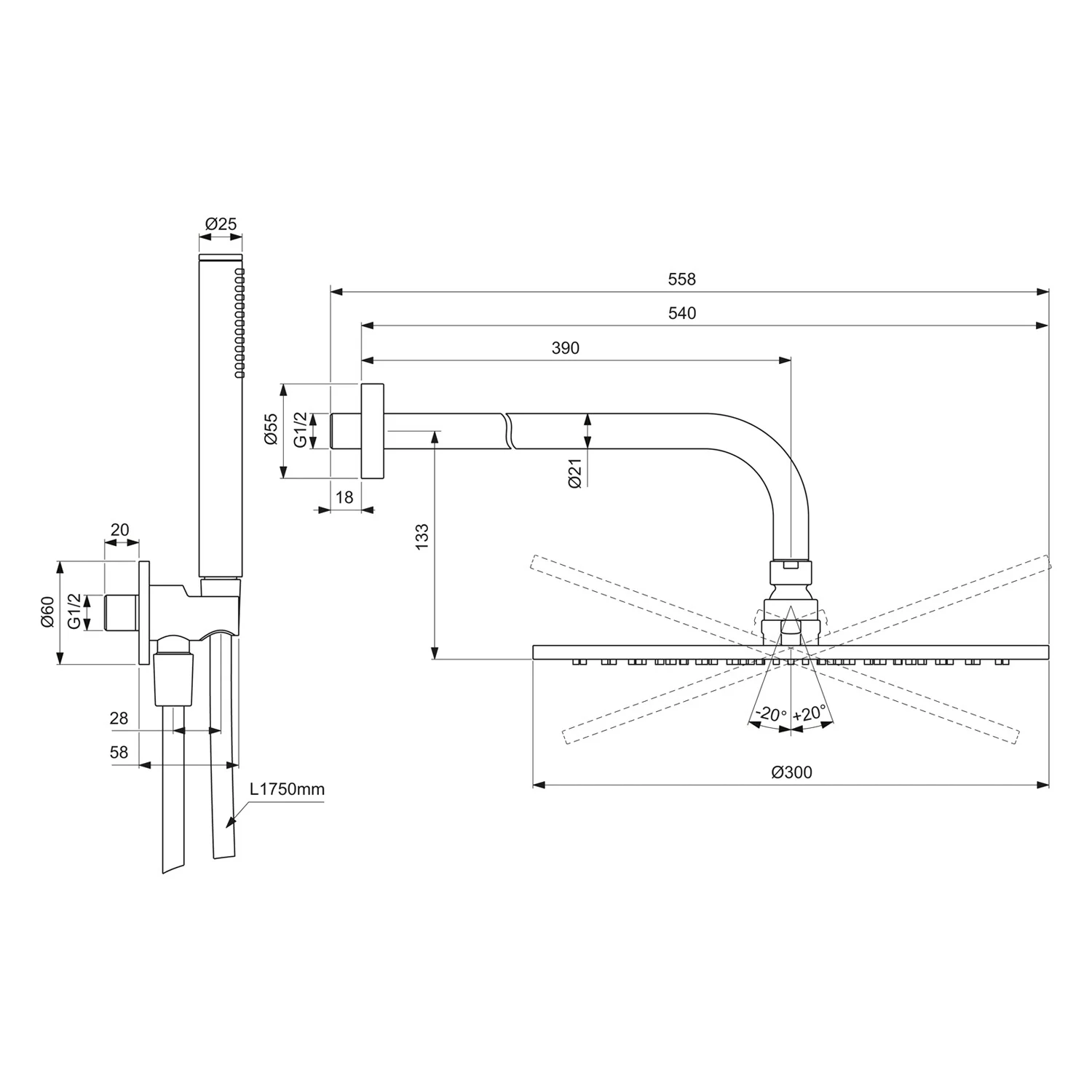 Rysunek techniczny systemu prysznicowego z wymiarami, Ideal Standard