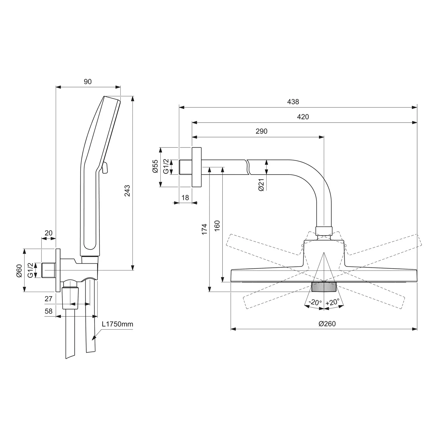 Rysunek techniczny systemu prysznicowego z wymiarami, Ideal Standard