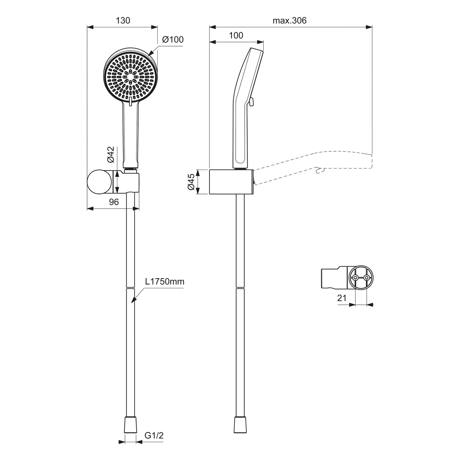 Rysunek techniczny systemu prysznicowego z wymiarami, Ideal Standard