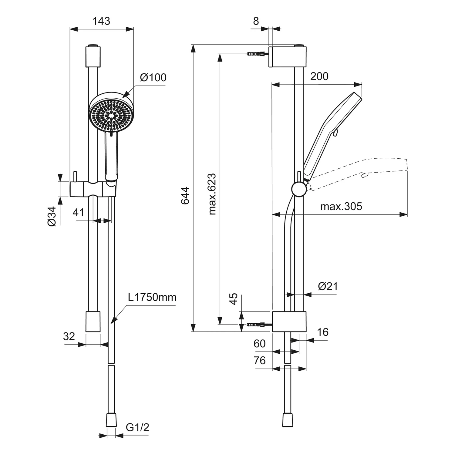 Rysunek techniczny systemu prysznicowego z wymiarami, Ideal Standard