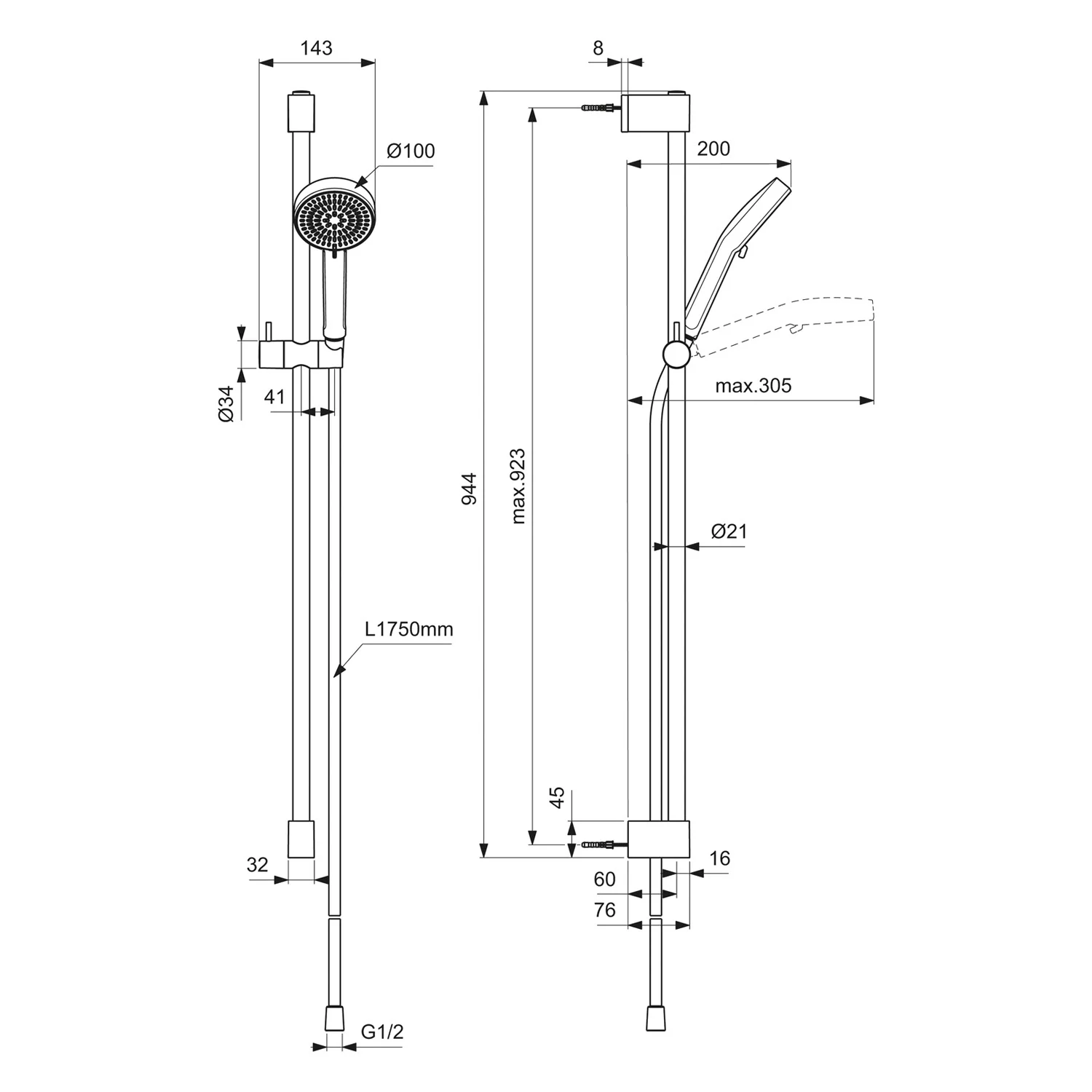 Rysunek techniczny systemu prysznicowego z wymiarami, Ideal Standard
