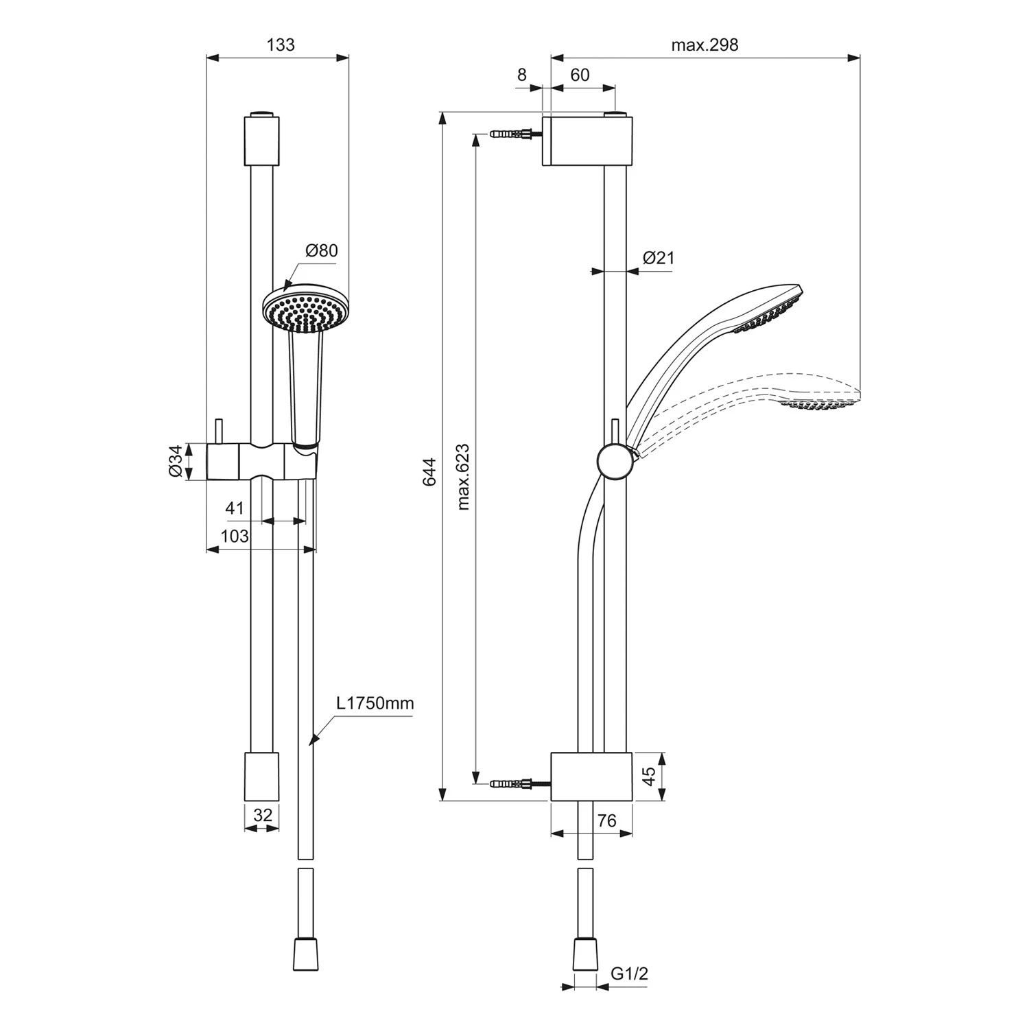 Rysunek techniczny systemu prysznicowego z wymiarami, Ideal Standard