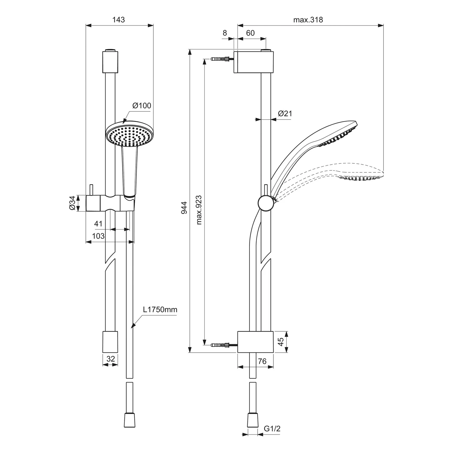 Rysunek techniczny systemu prysznicowego z wymiarami, Ideal Standard
