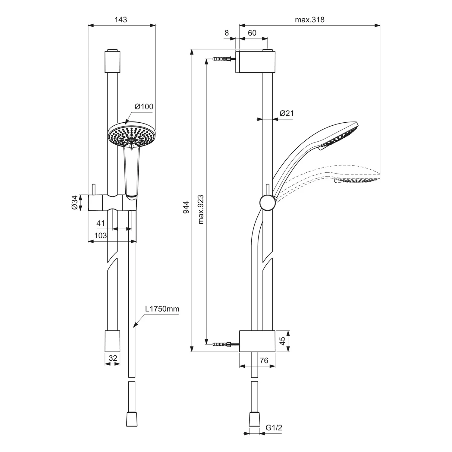 Rysunek techniczny systemu prysznicowego z wymiarami, Ideal Standard