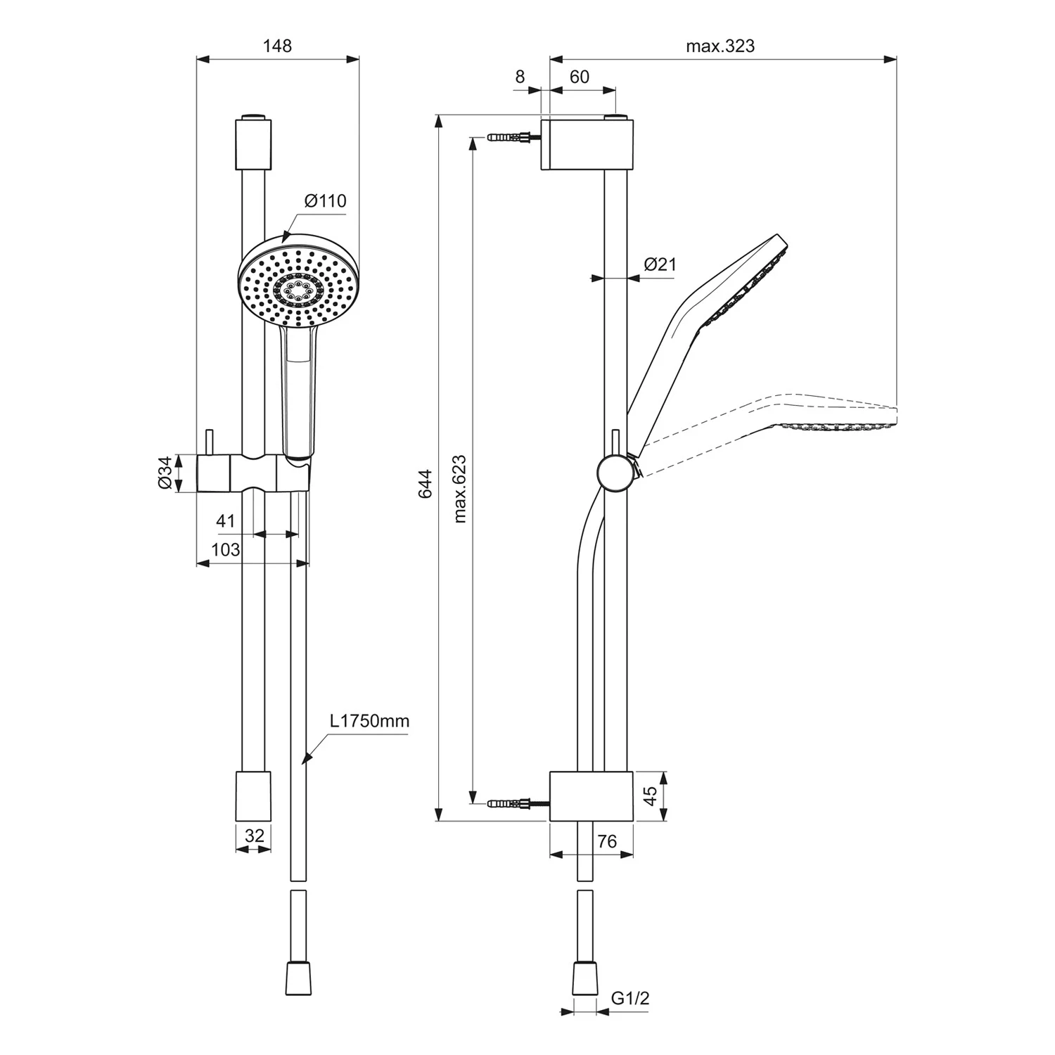 Rysunek techniczny systemu prysznicowego z wymiarami, Ideal Standard