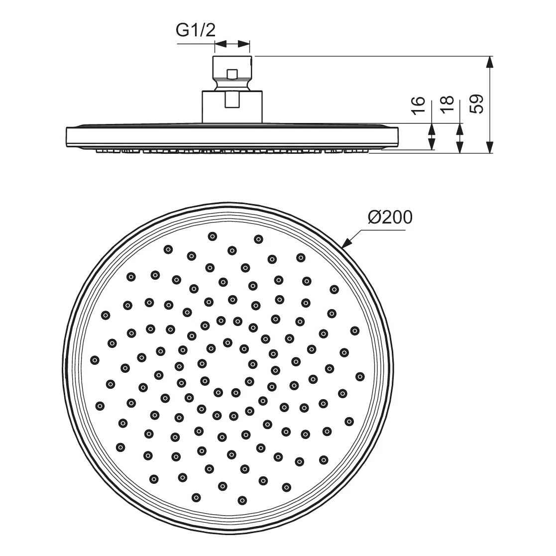 Rysunek techniczny okrągłej głowicy prysznicowej, Ideal Standard