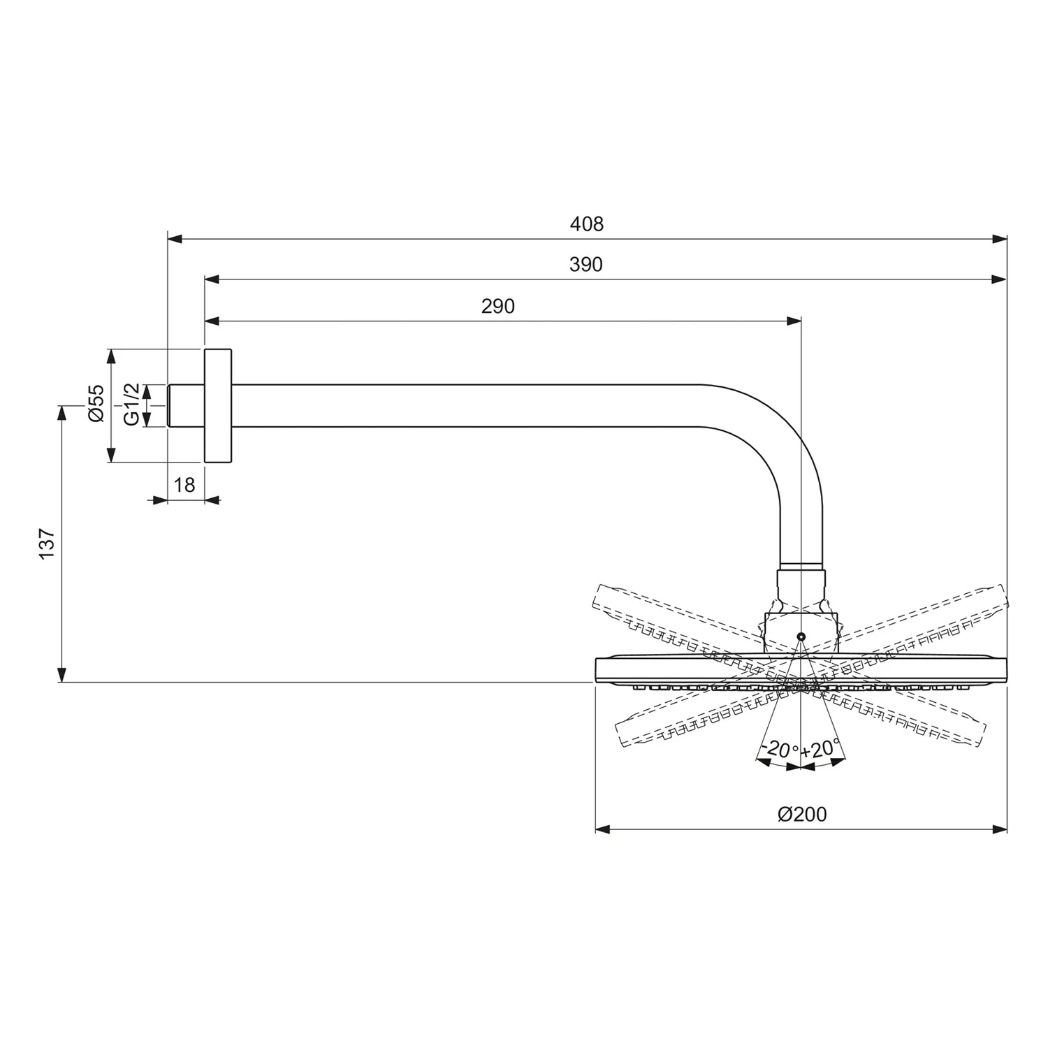 Rysunek techniczny instalacji głowicy prysznicowej, Ideal Standard