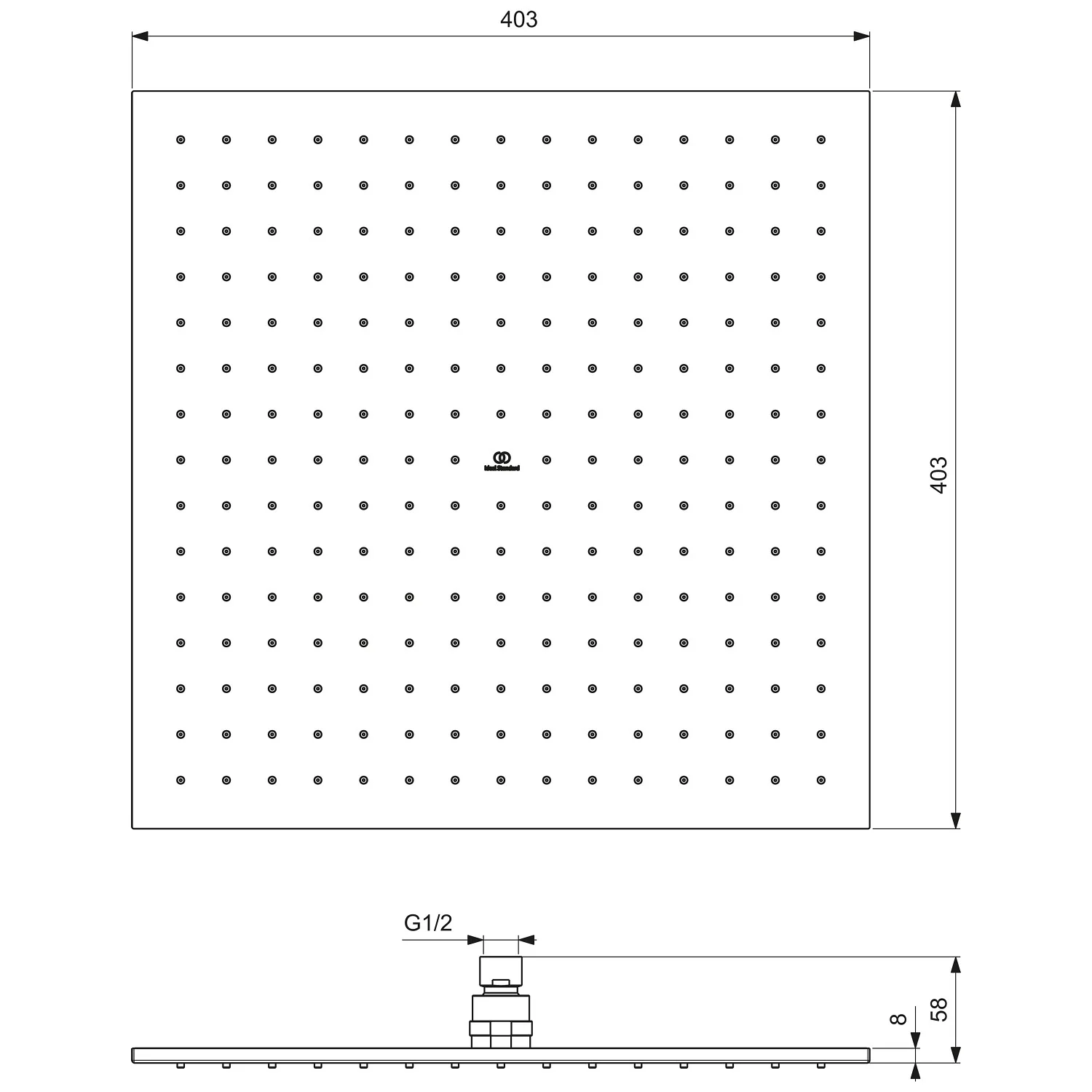 Rysunek techniczny kwadratowej głowicy prysznicowej, Ideal Standard