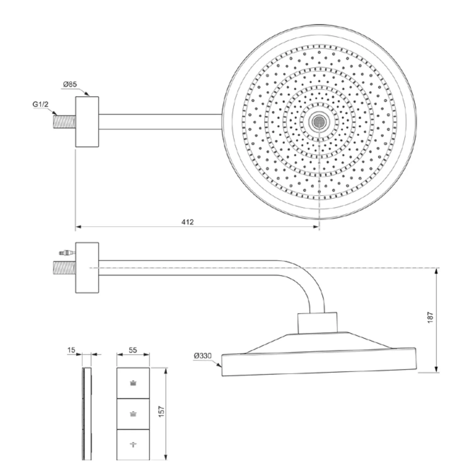 Rysunek techniczny głowicy prysznicowej z wymiarami, Ideal Standard