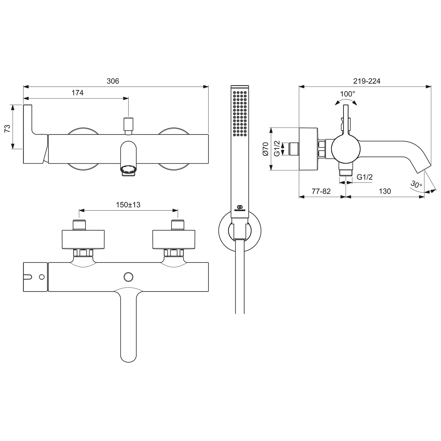 Rysunek techniczny baterii wannowej, Ideal Standard