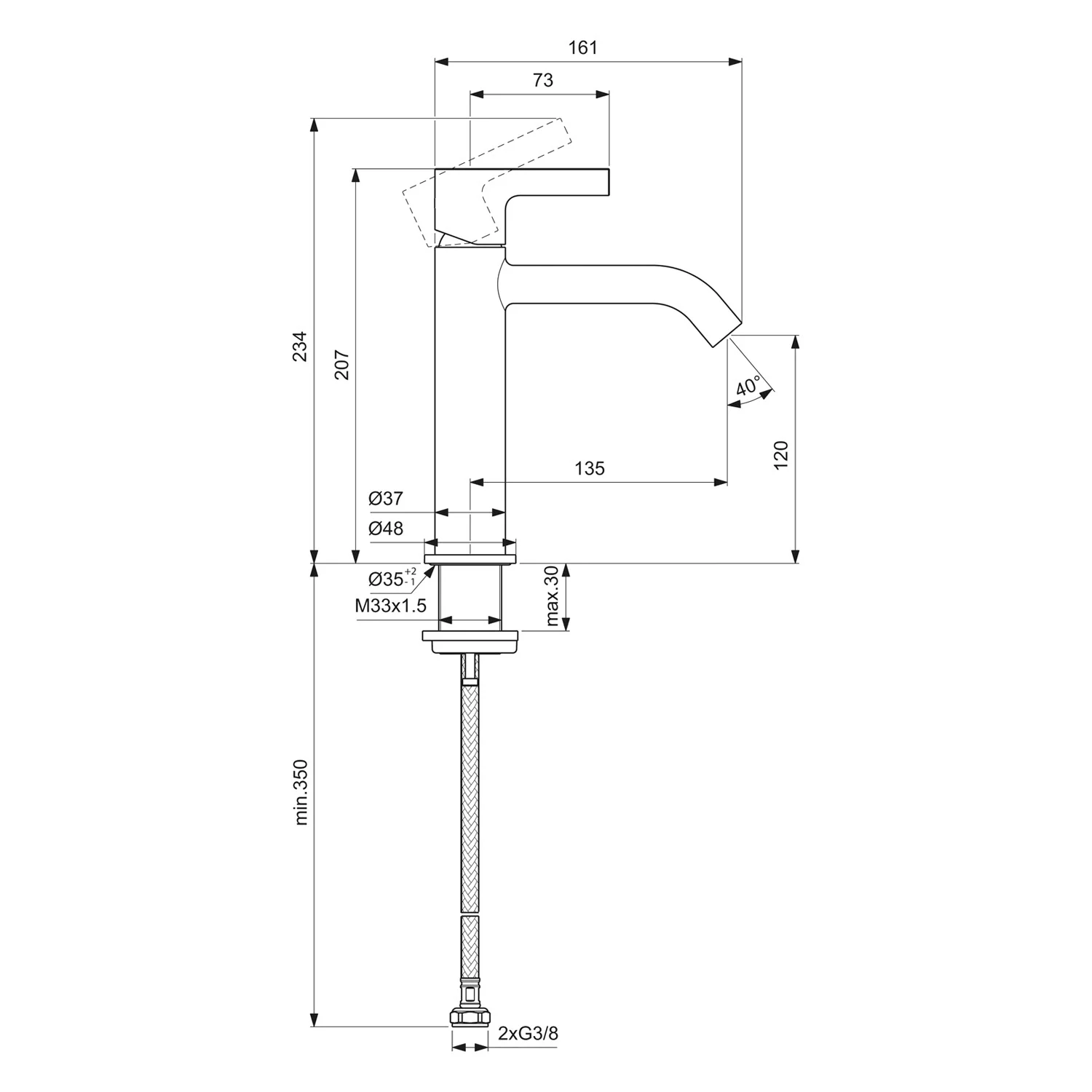 Rysunek techniczny baterii umywalkowej z wymiarami, Ideal Standard