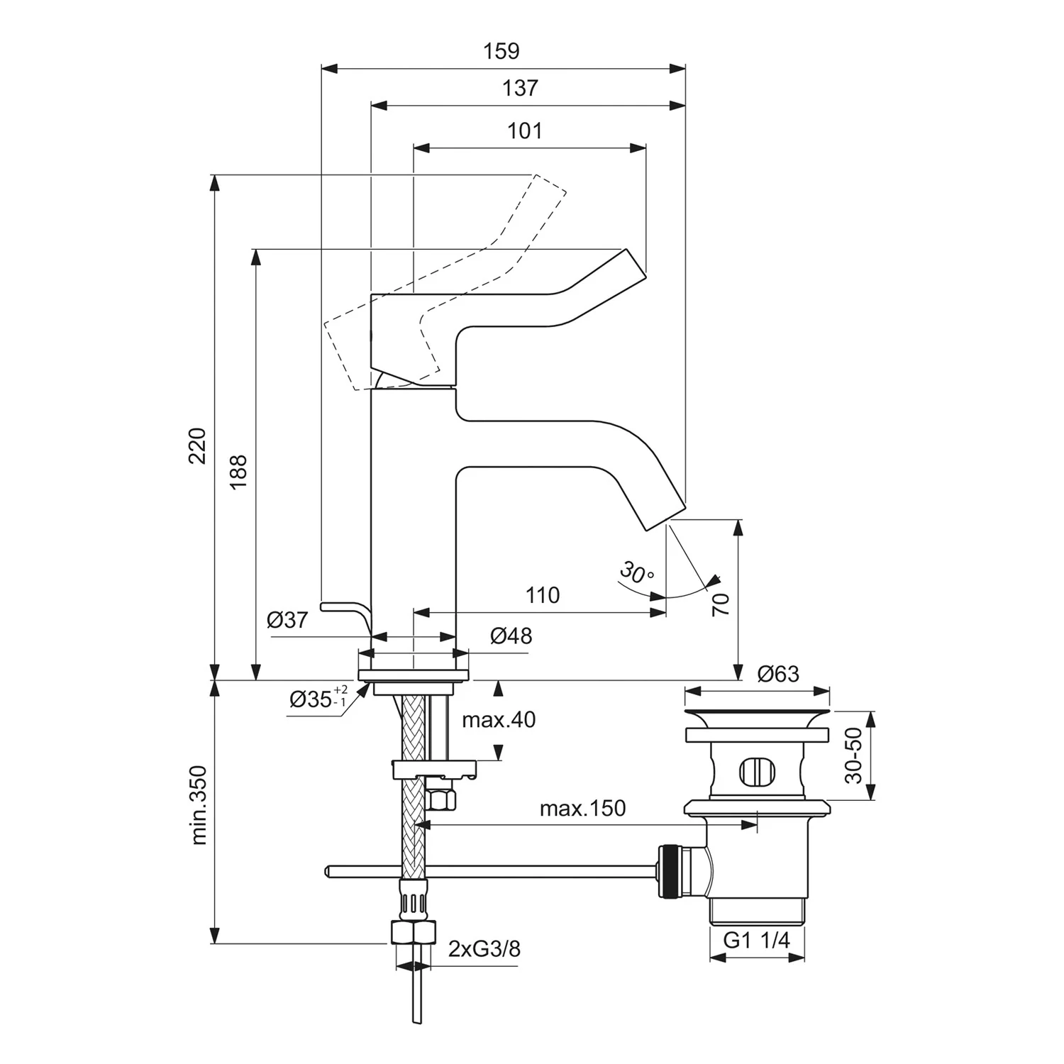 Rysunek techniczny baterii umywalkowej z wymiarami, Ideal Standard