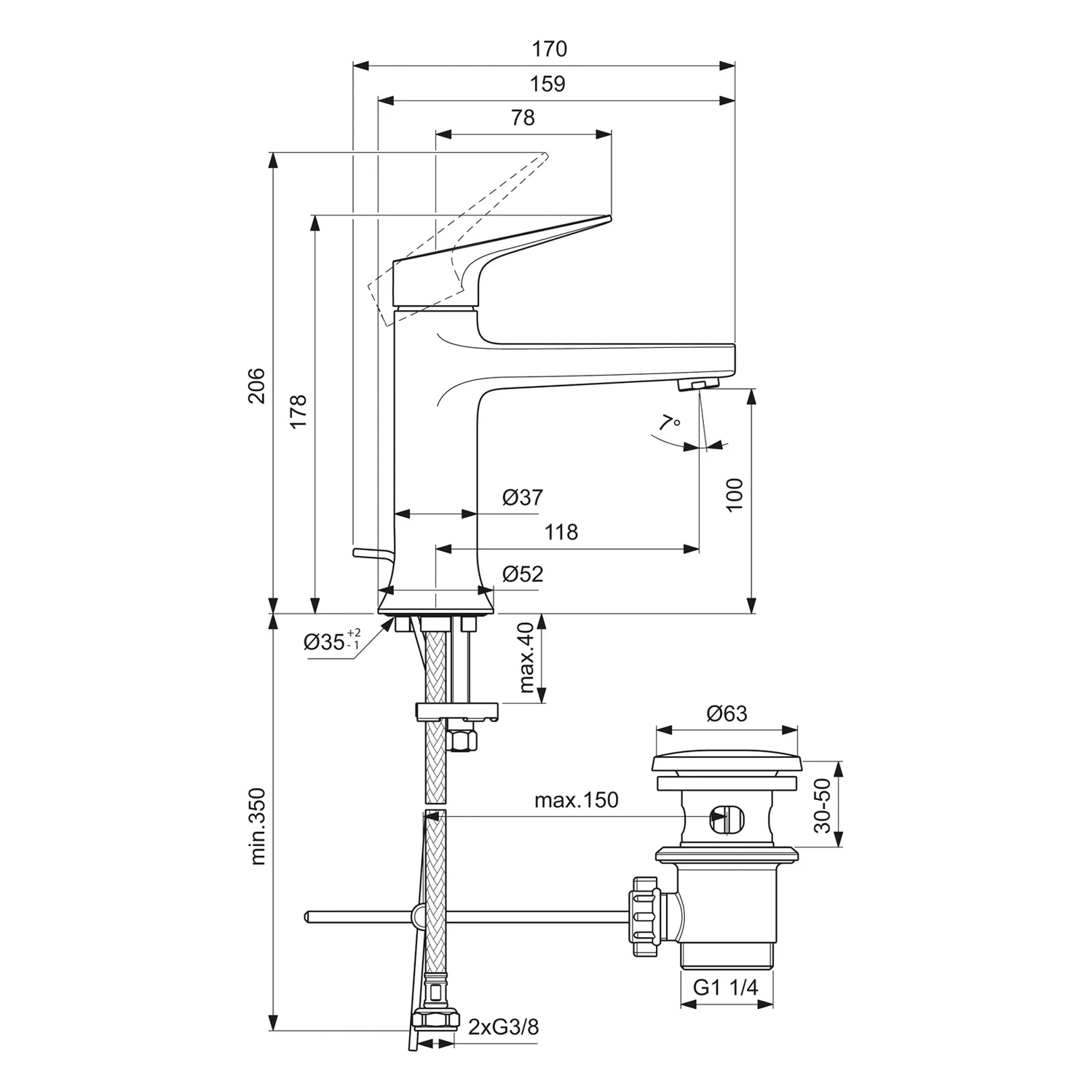 Rysunek techniczny baterii z wymiarami, Ideal Standard