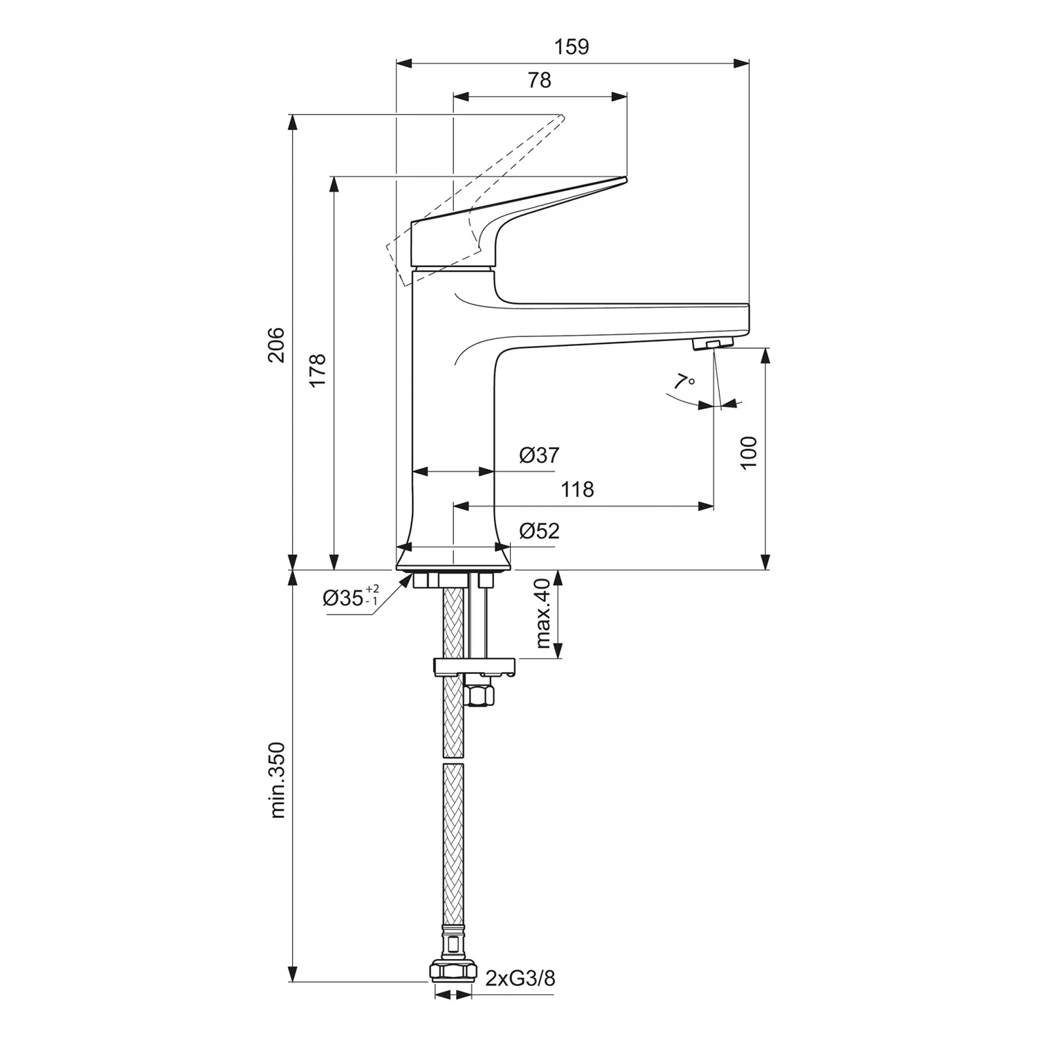 Rysunek techniczny baterii z wymiarami, Ideal Standard
