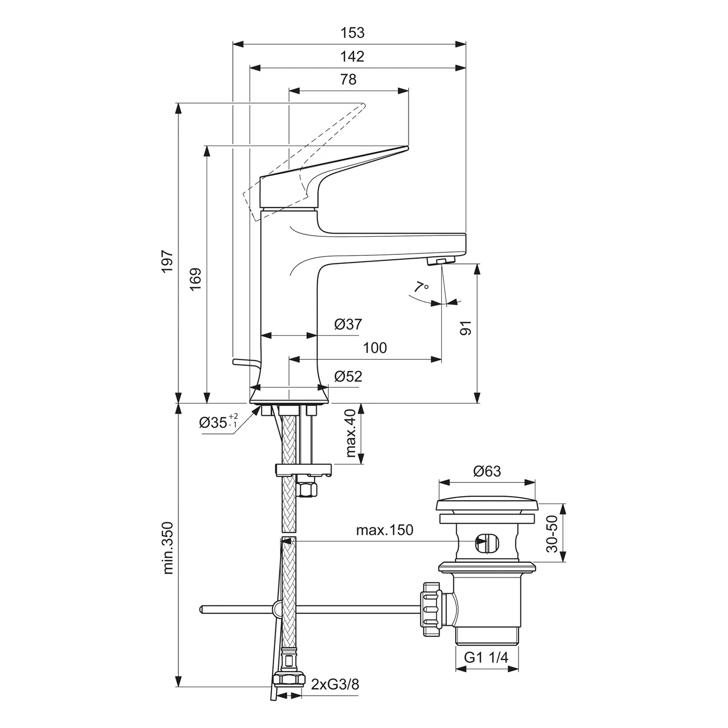 Rysunek techniczny baterii z wymiarami, Ideal Standard