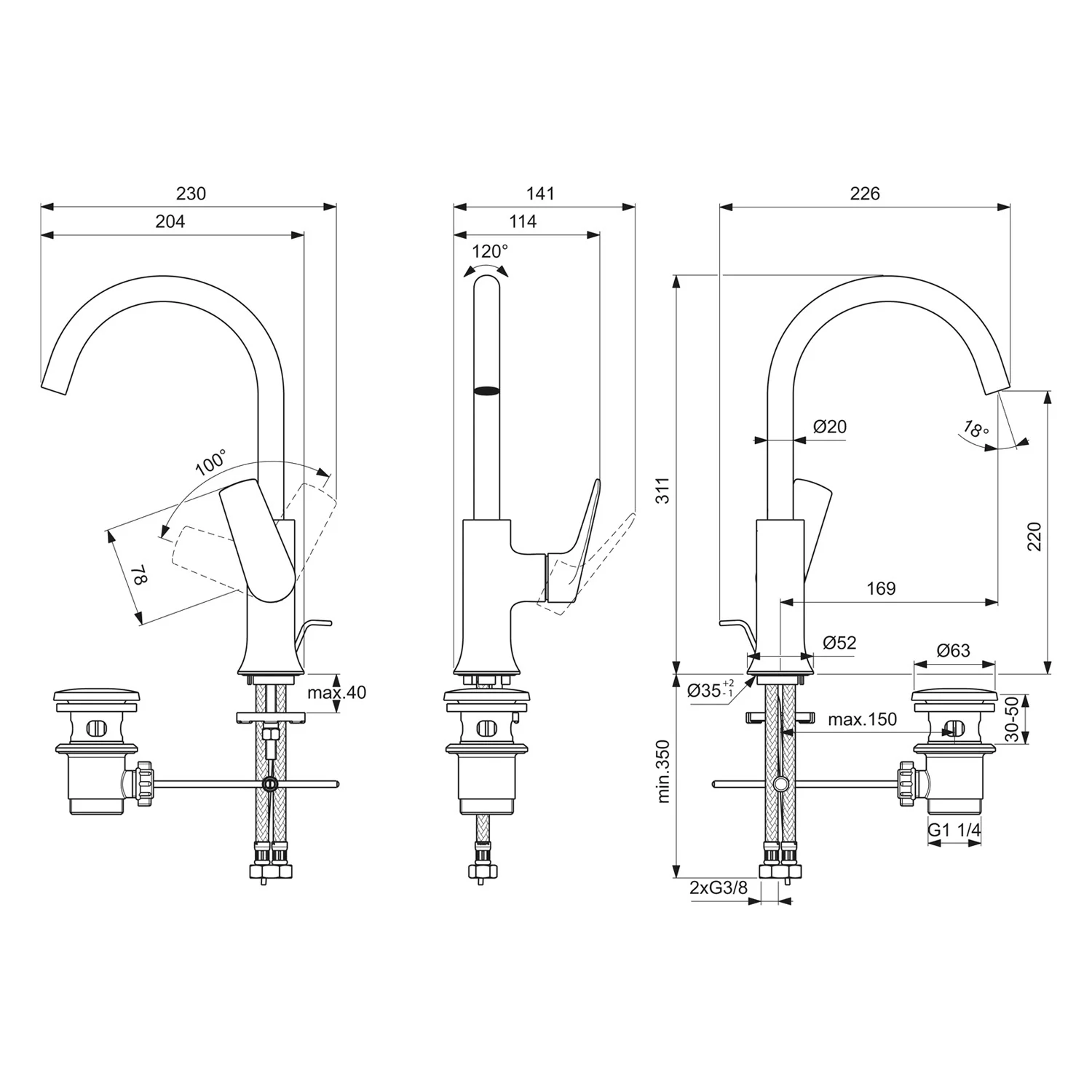 Rysunek techniczny baterii z wymiarami, Ideal Standard