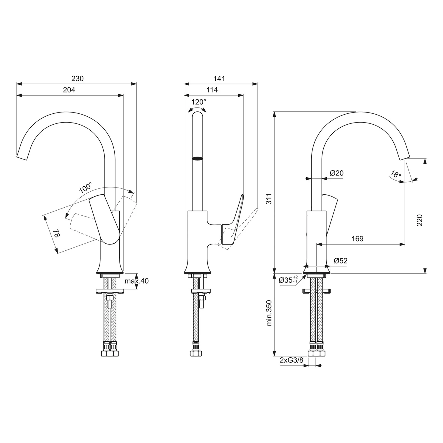 Rysunek techniczny baterii z wymiarami, Ideal Standard