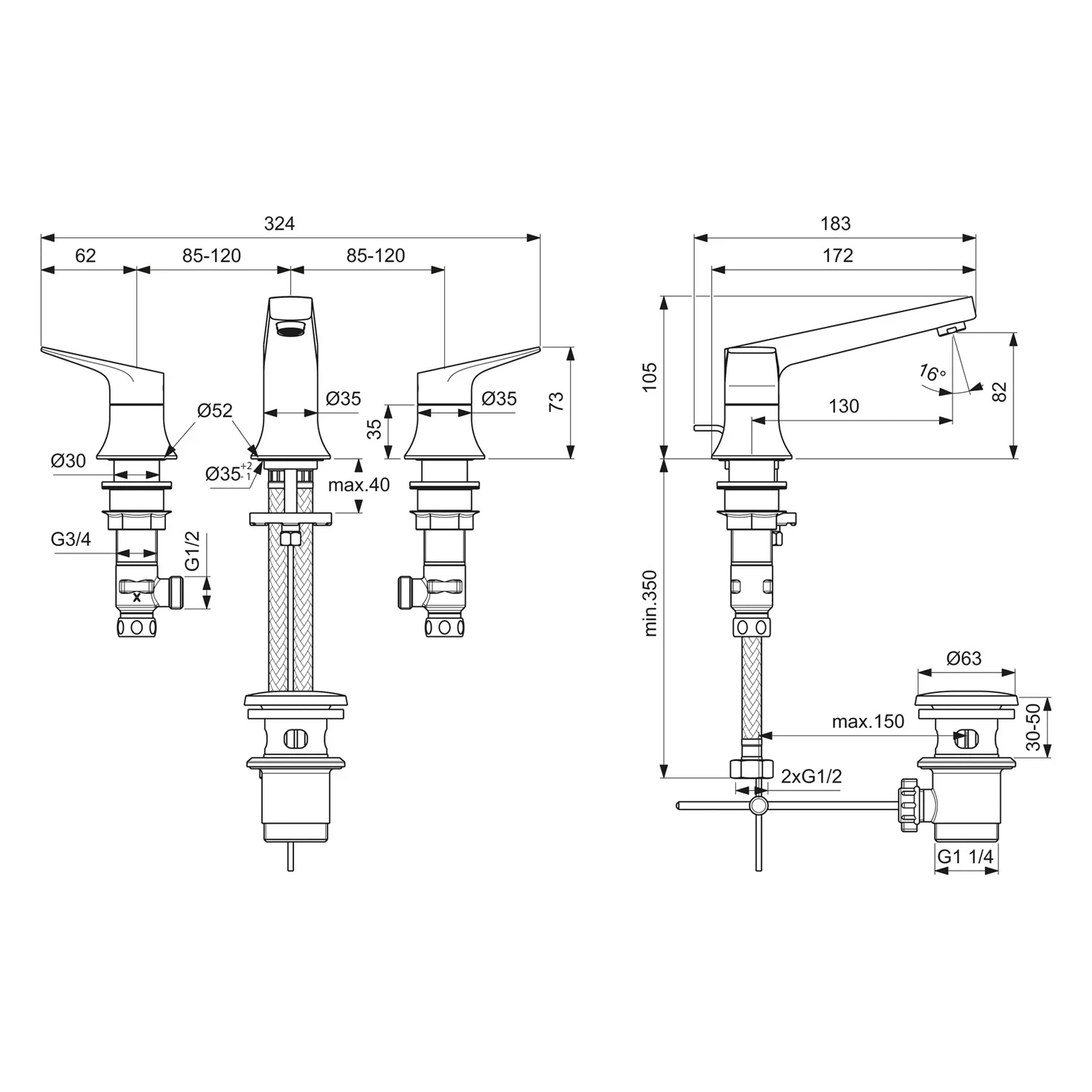 Rysunek techniczny baterii z wymiarami, Ideal Standard