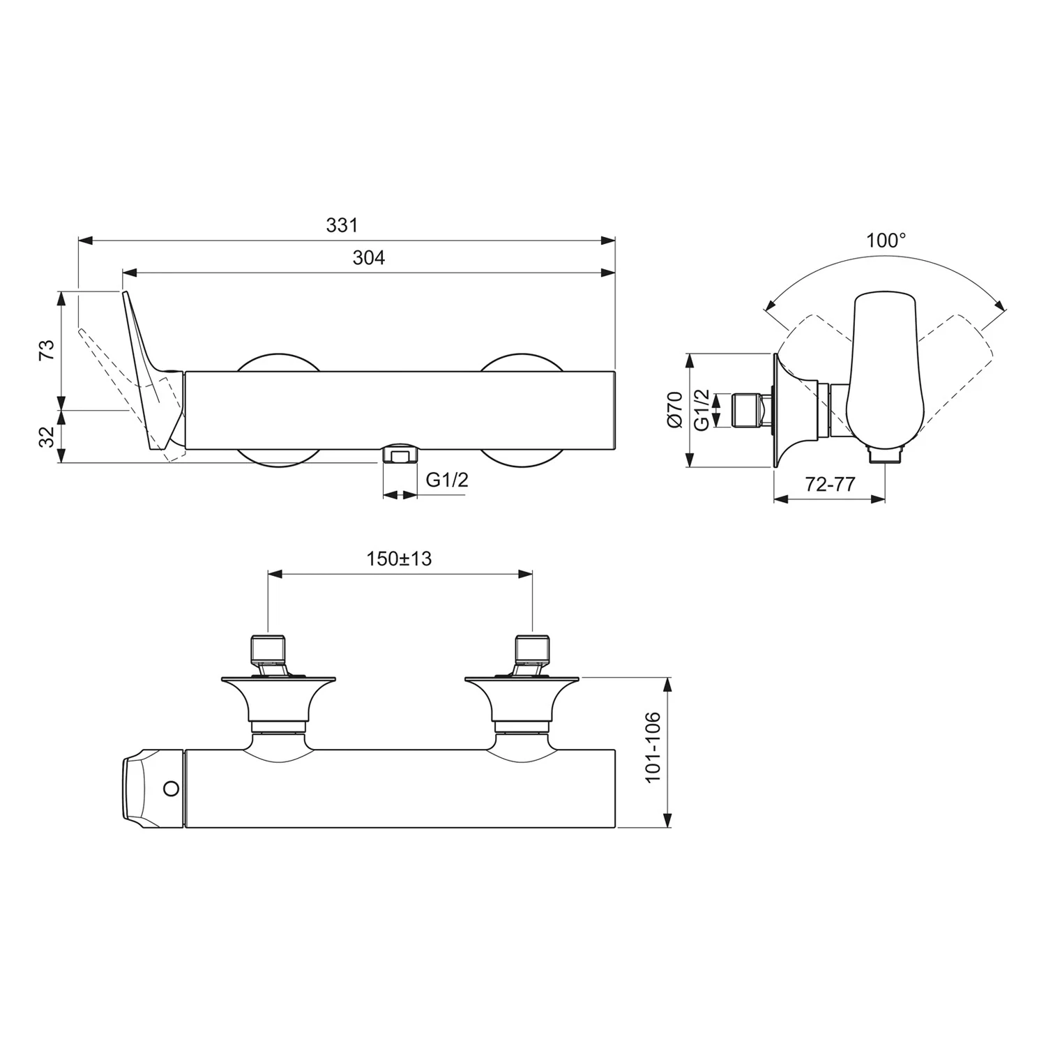 Rysunek techniczny armatury z wymiarami, Ideal Standard
