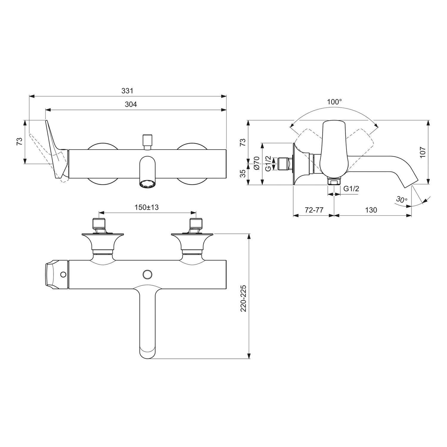 Rysunek techniczny baterii łazienkowej z wymiarami, Ideal Standard