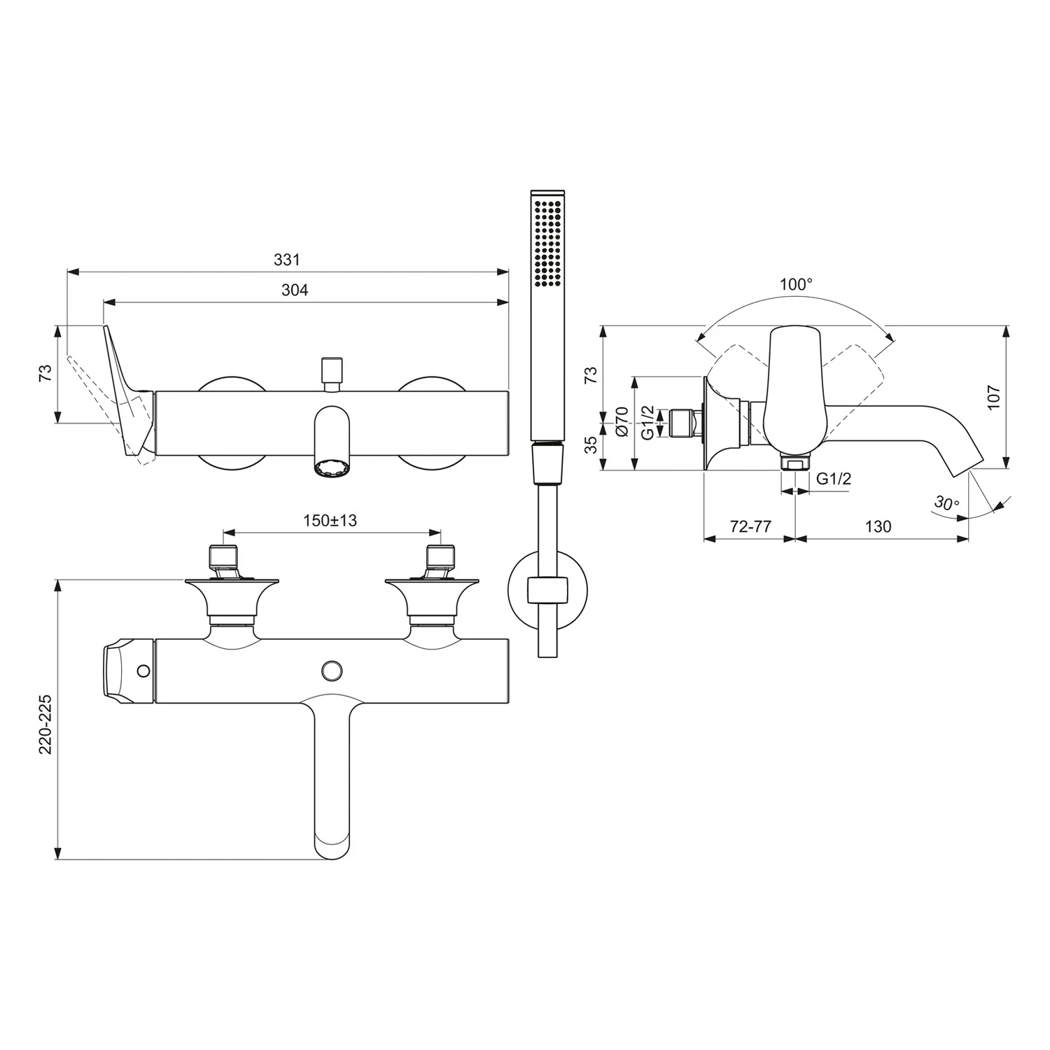 Rysunek techniczny baterii łazienkowej z wymiarami, Ideal Standard