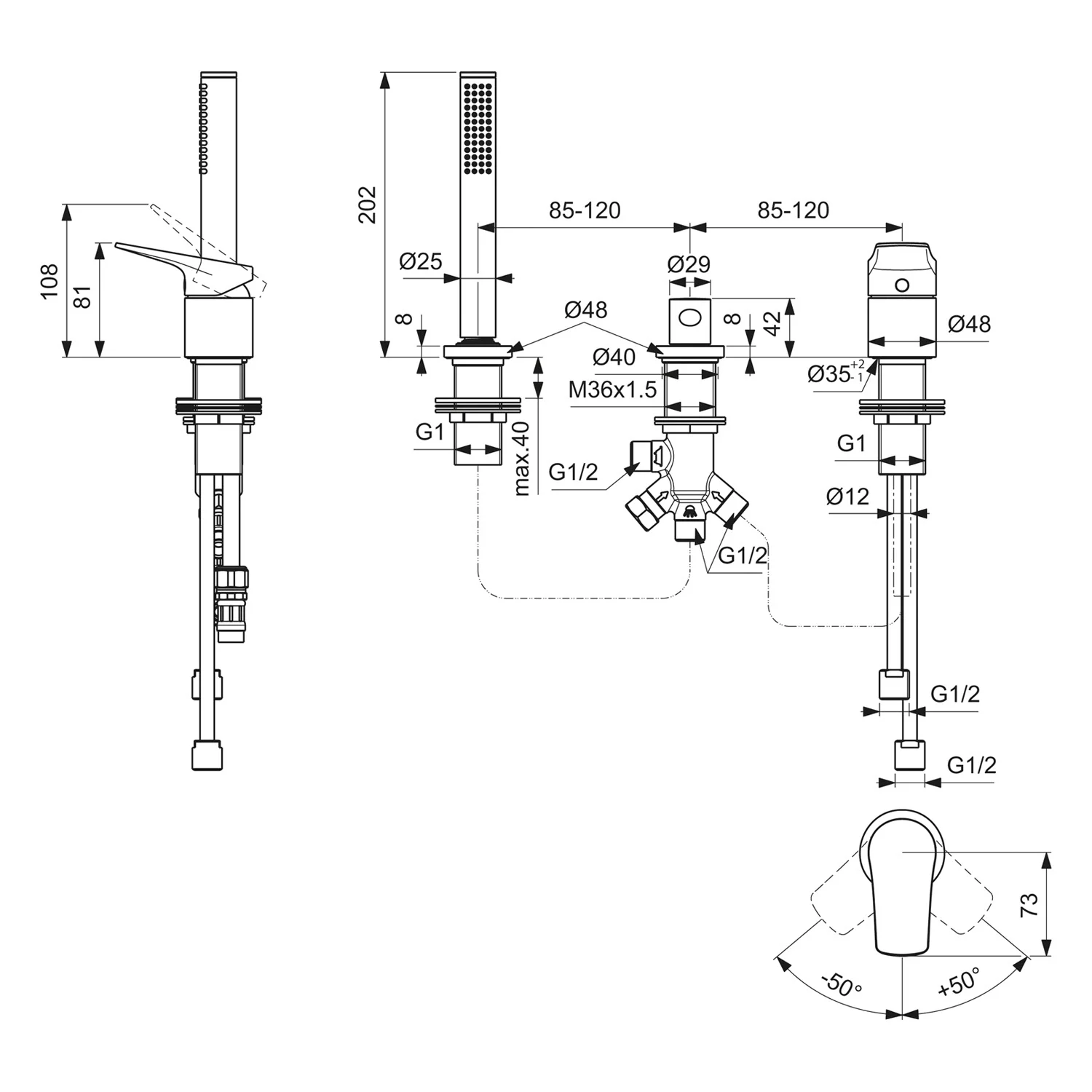 Rysunek techniczny baterii łazienkowej z wymiarami, Ideal Standard