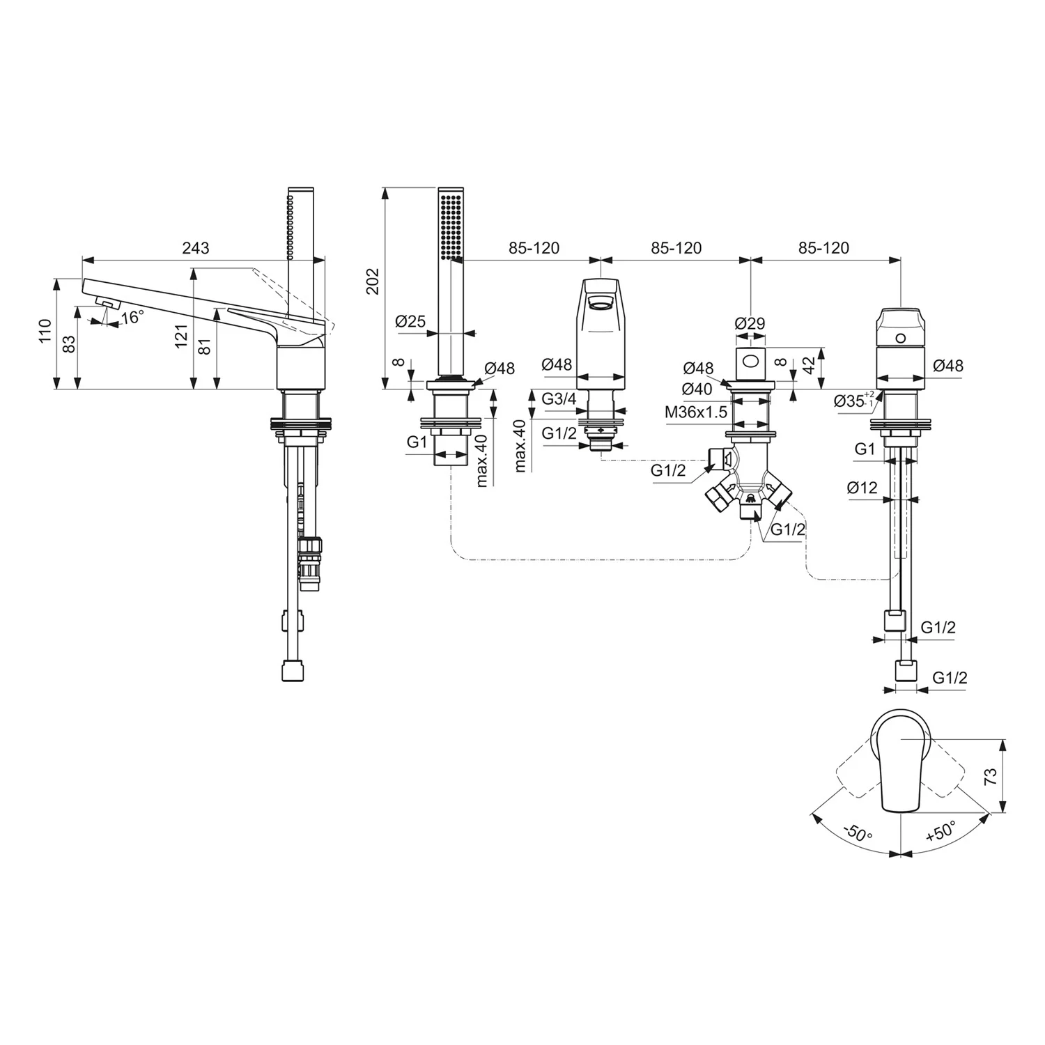 Rysunek techniczny baterii łazienkowej z wymiarami, Ideal Standard