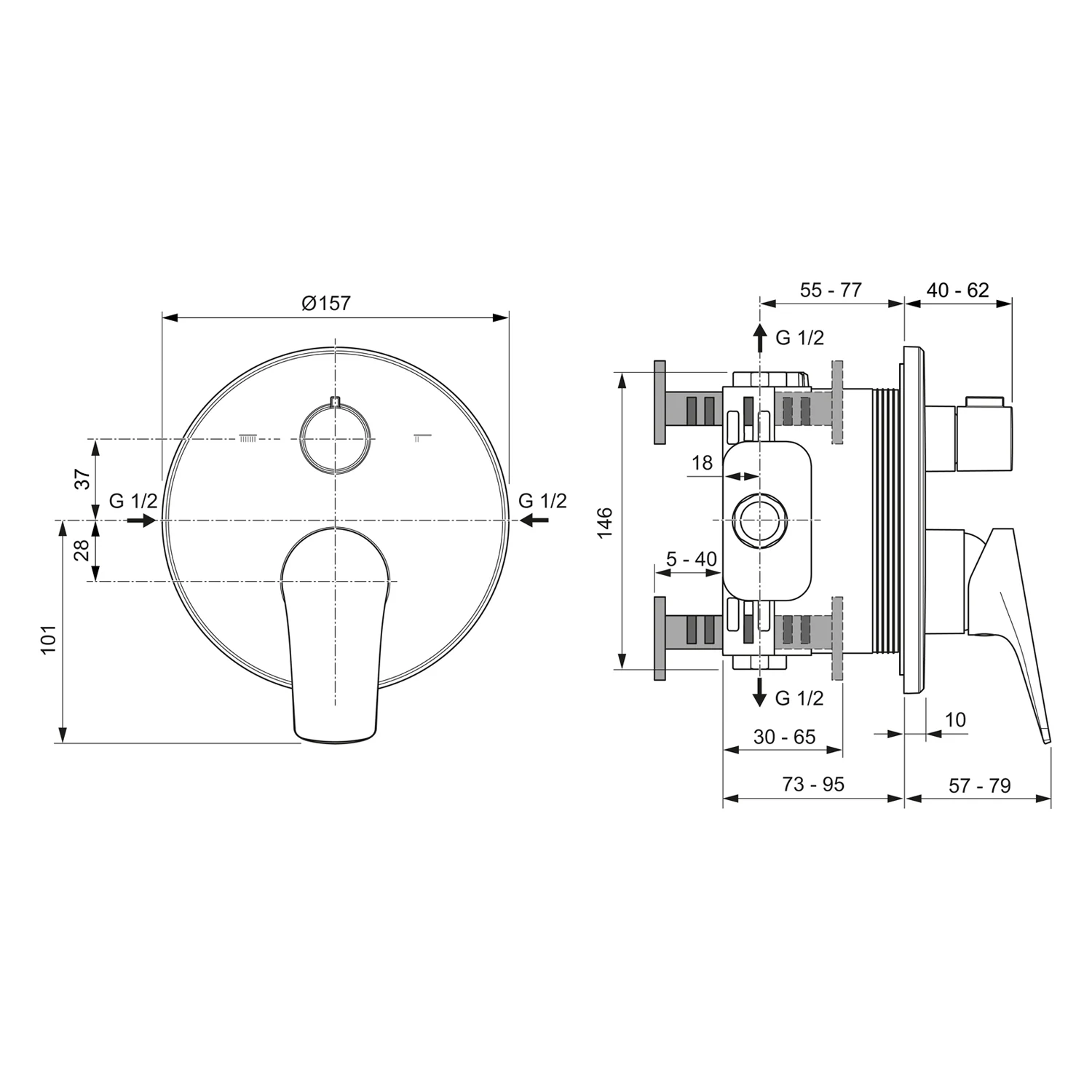 Rysunek techniczny okrągłego złącza z wymiarami, Ideal Standard