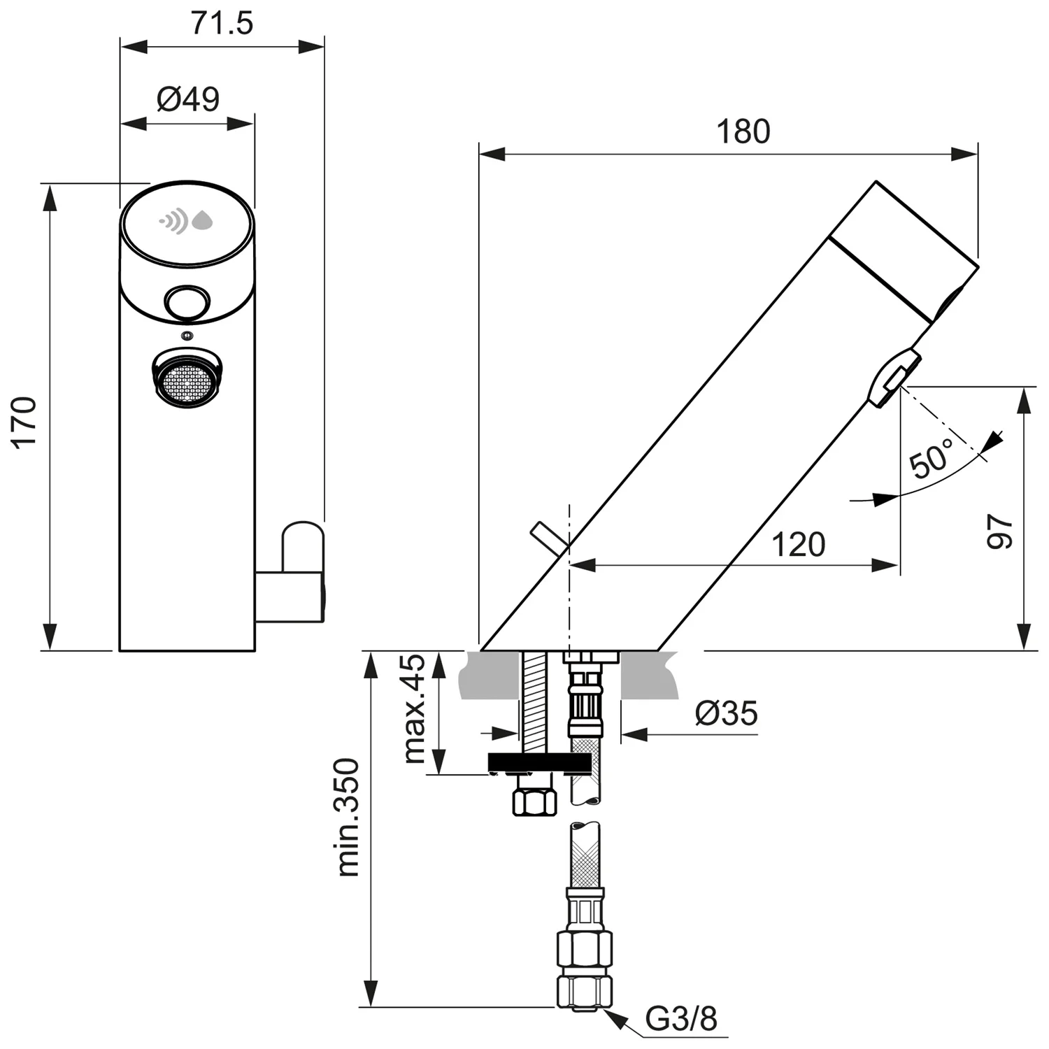 Rysunek techniczny baterii umywalkowej z wymiarami, Ideal Standard
