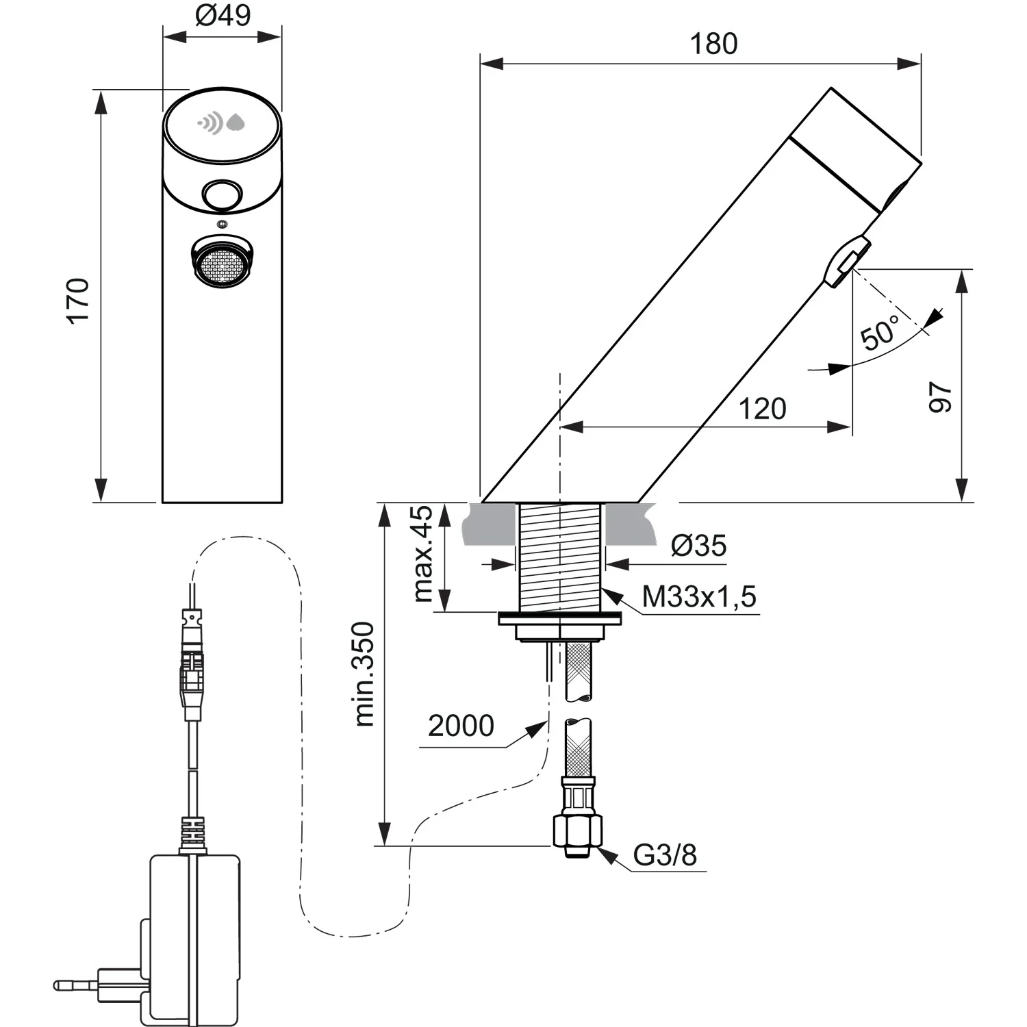 Rysunek techniczny baterii umywalkowej z czujnikiem, Ideal Standard