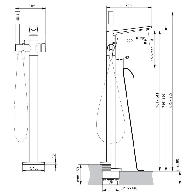 Rysunek techniczny armatury łazienkowej z wymiarami, Ideal Standard