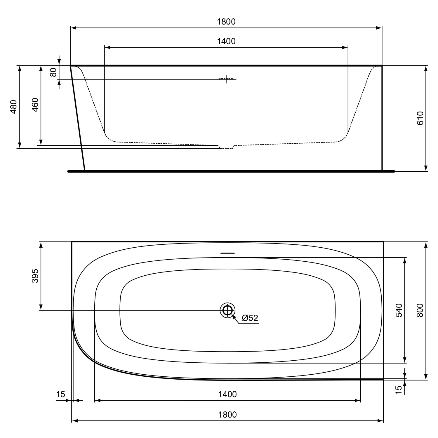 Rysunek techniczny wanny 180 cm, Ideal Standard