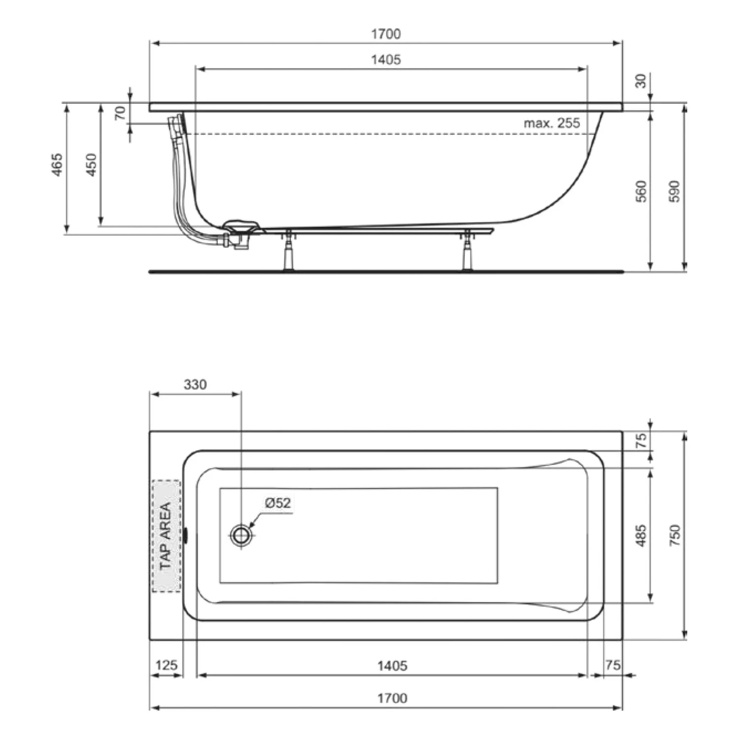 Rysunek techniczny wanny z wymiarami, Ideal Standard