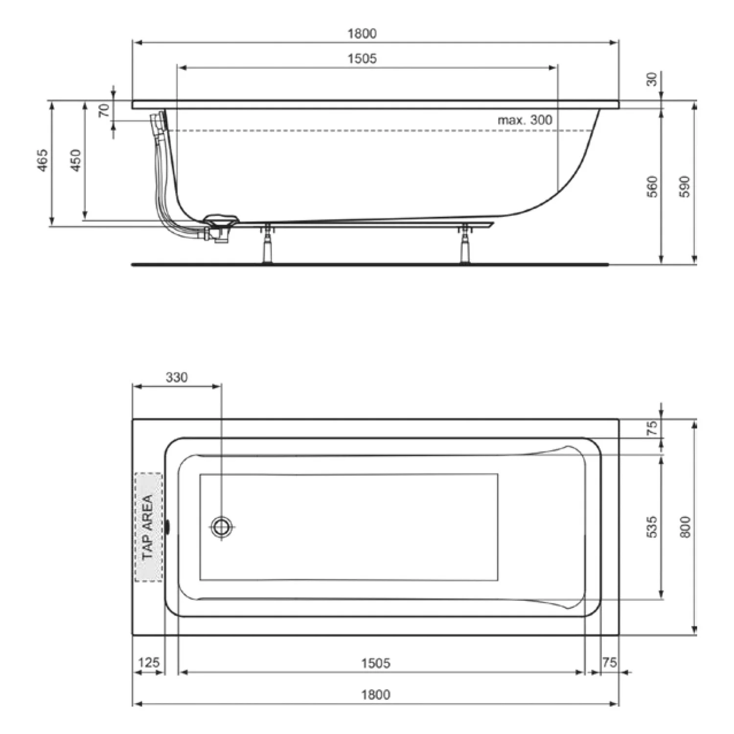 Rysunek techniczny wanny z wymiarami, Ideal Standard