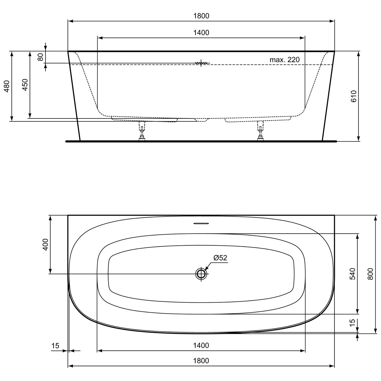 Rysunek techniczny wanny z wymiarami, Ideal Standard