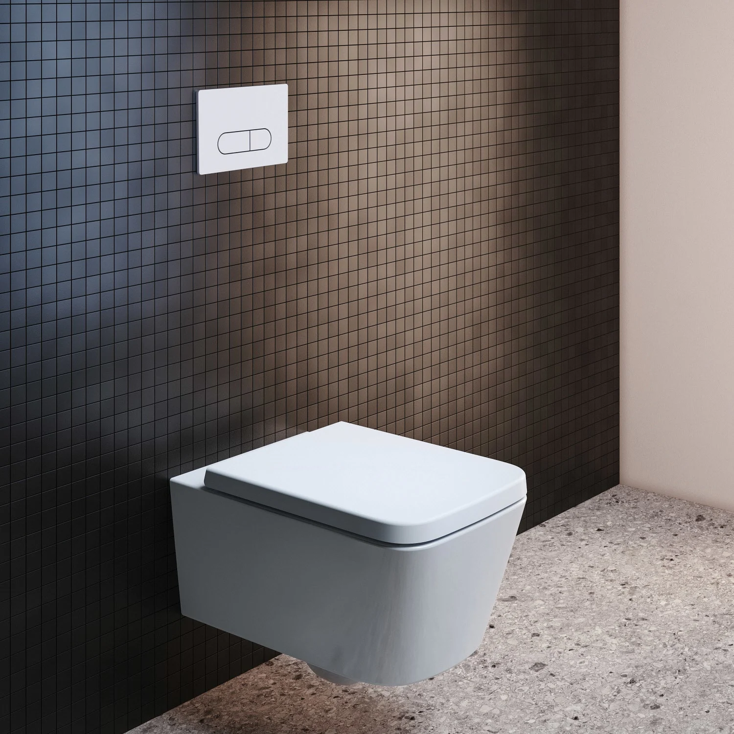 Toaleta podwieszana przed ciemną ścianą z płytek, Ideal Standard