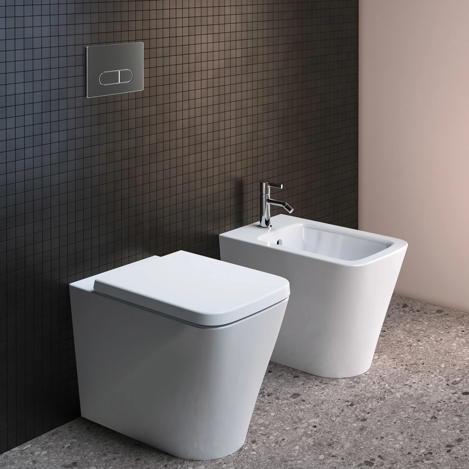 Toaleta i bidet przed ciemną ścianą z płytek, Ideal Standard